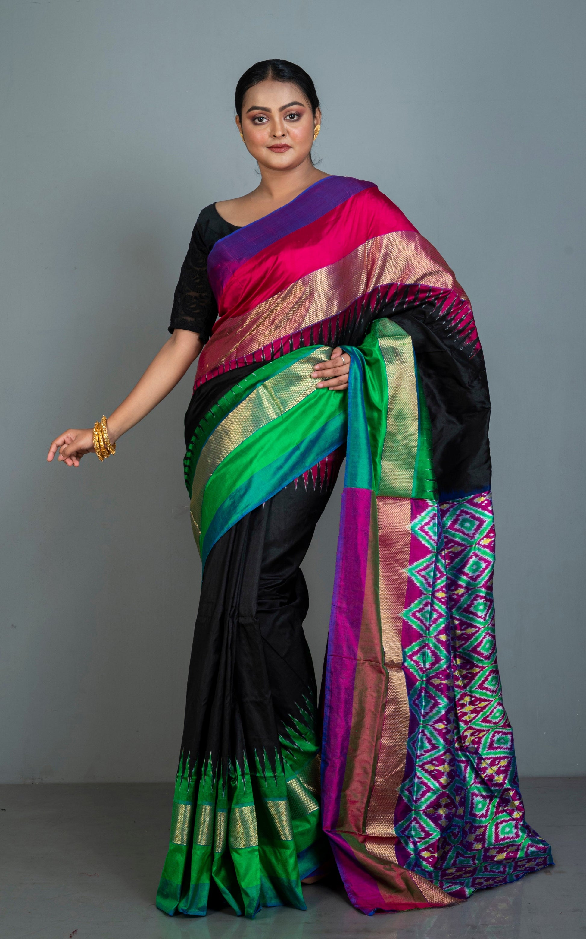 Designer Skirt Border Ikkat Pochampally Silk Saree in Black and Multicolored