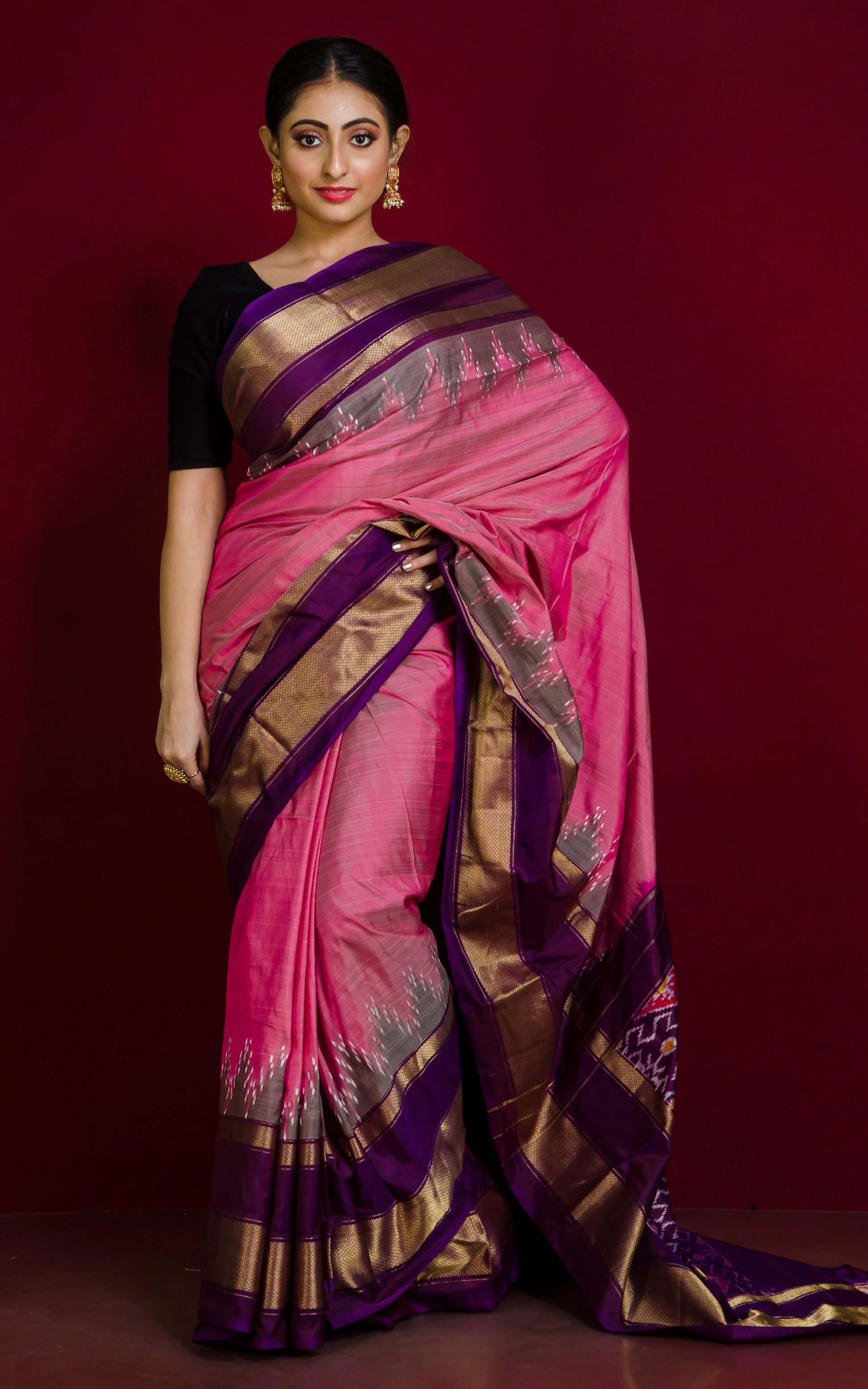 Designer Skirt Border Ikkat Pochampally Silk Saree in Brink Pink, Purple, Dark Brown and Off White