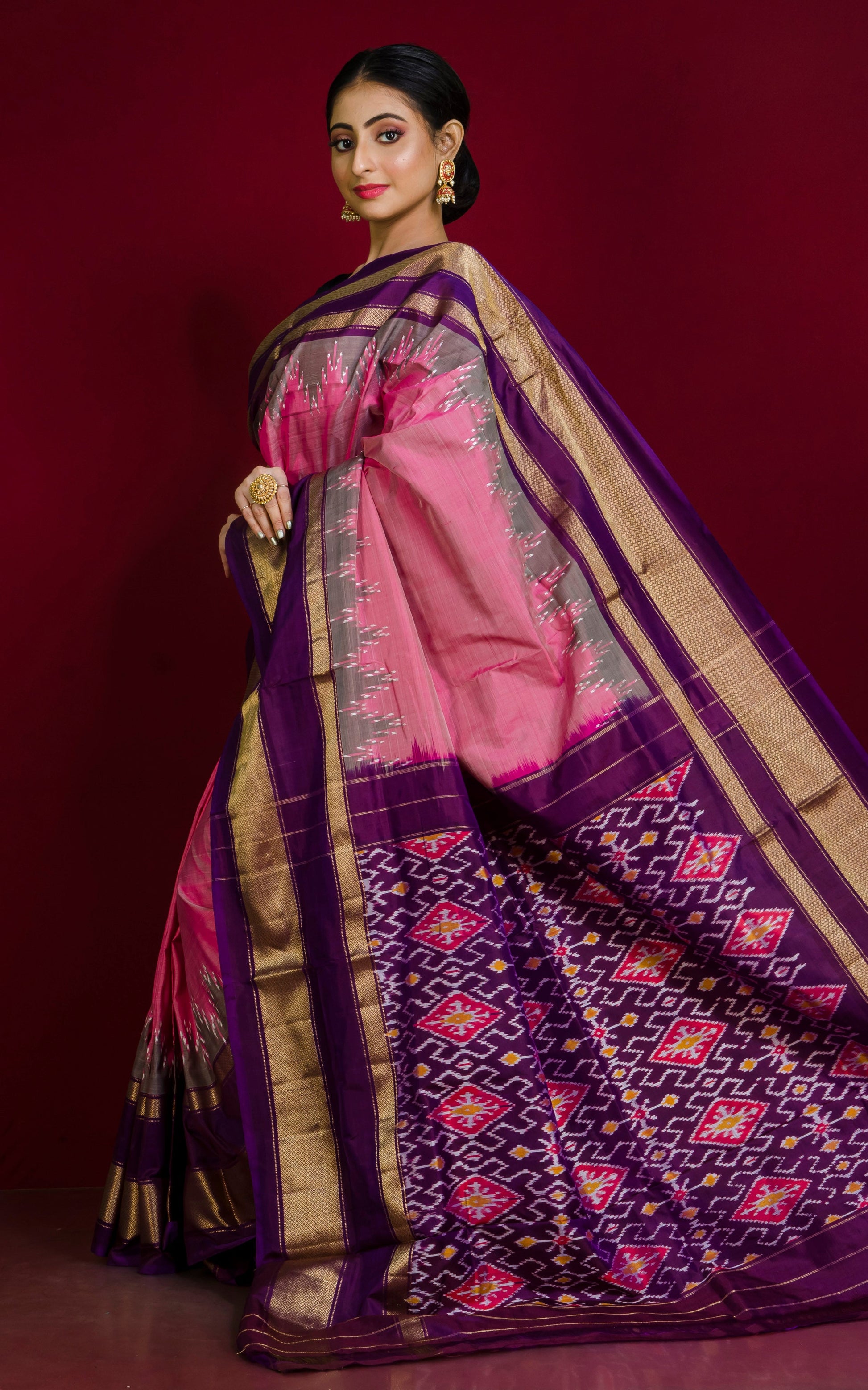 Designer Skirt Border Ikkat Pochampally Silk Saree in Brink Pink, Purple, Dark Brown and Off White