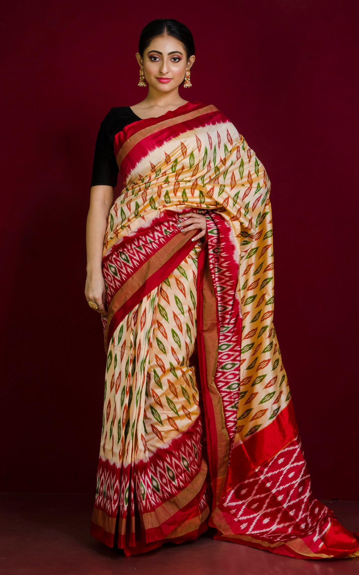 Ikkat Pochampally Silk Saree in Coffee Cream, Maroon, Off White and Dark Green