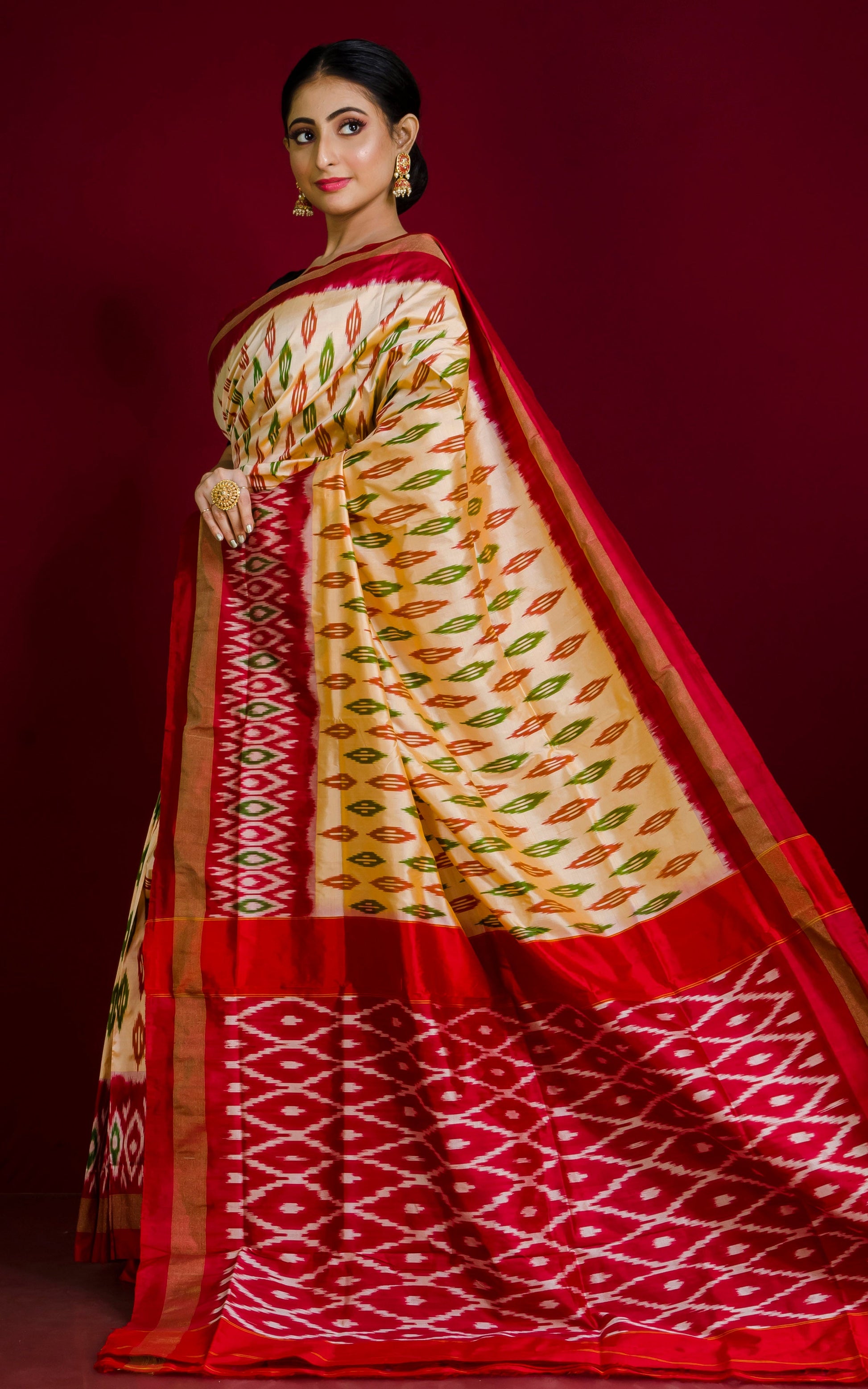 Ikkat Pochampally Silk Saree in Coffee Cream, Maroon, Off White and Dark Green