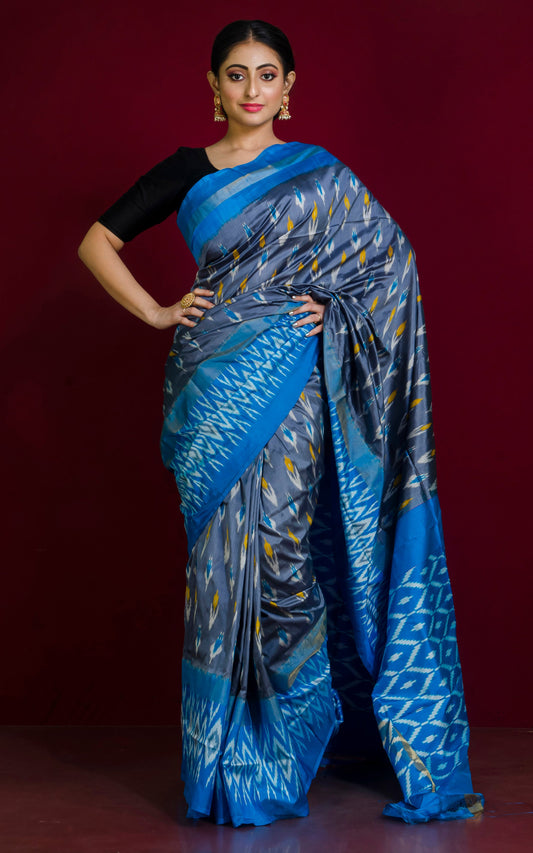 Ikkat Pochampally Silk Saree in Steel Grey, Blue, Yellow and Antique White