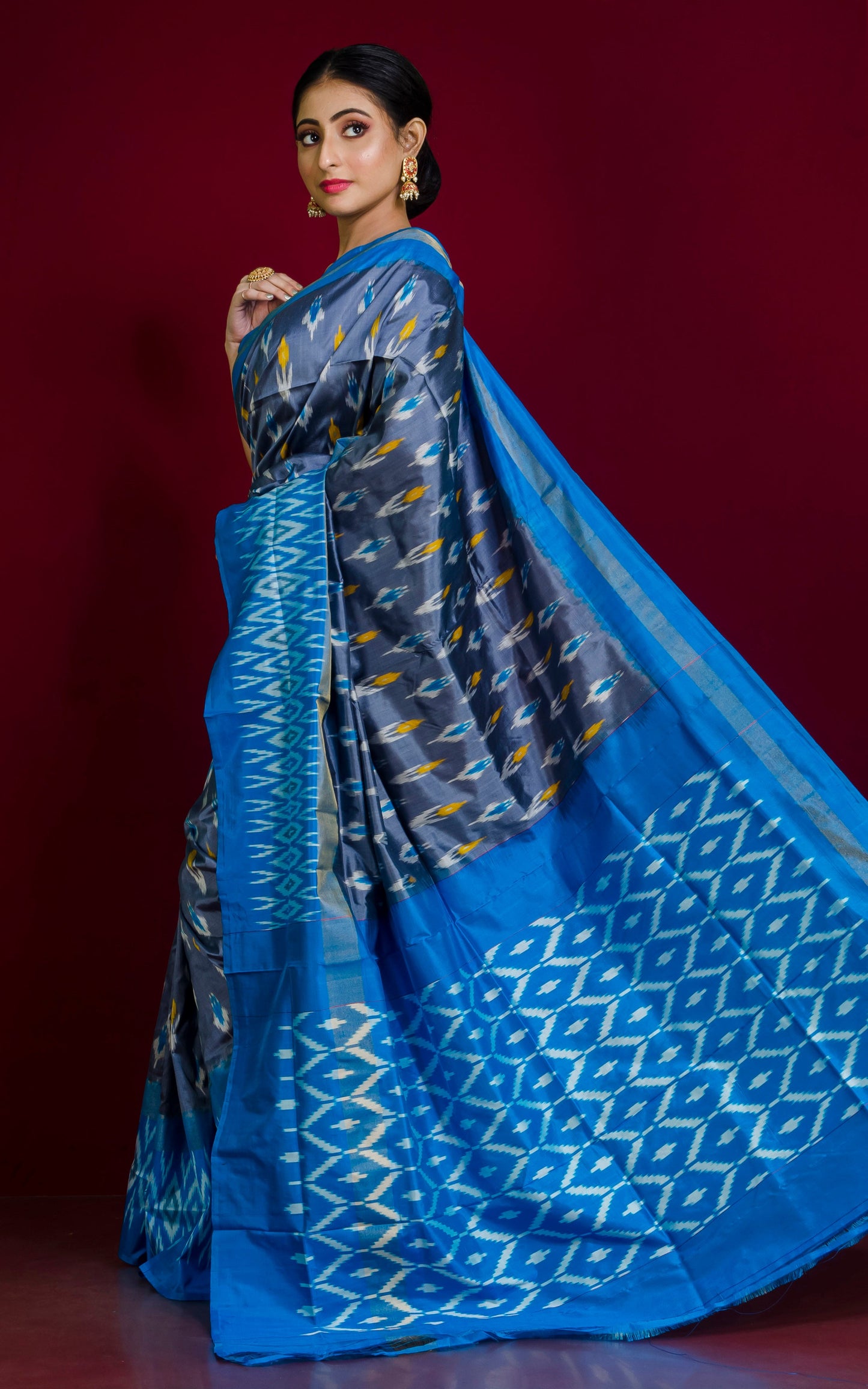 Ikkat Pochampally Silk Saree in Steel Grey, Blue, Yellow and Antique White