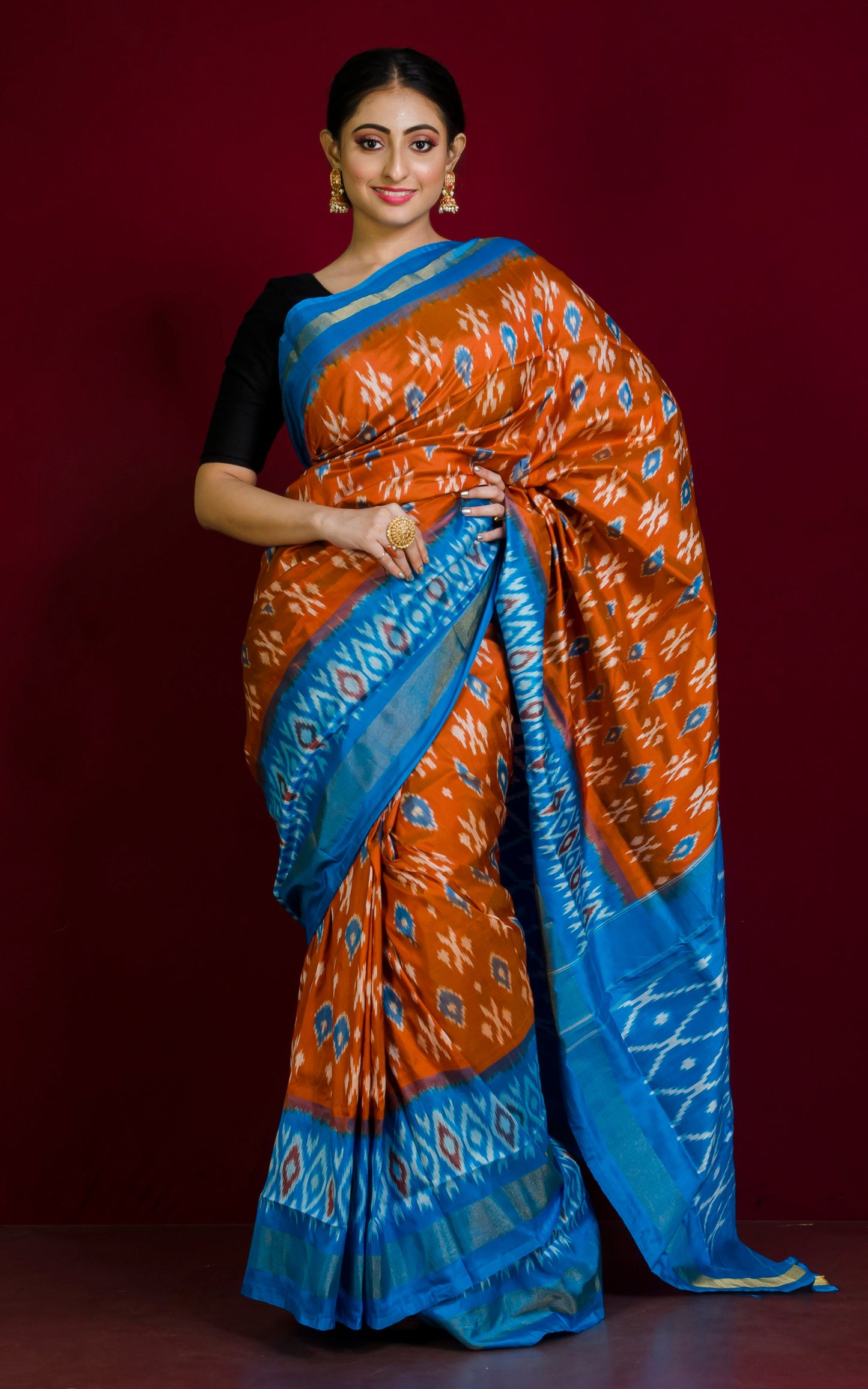 Ikkat Pochampally Silk Saree in Mustard Brown, Blue and Antique White