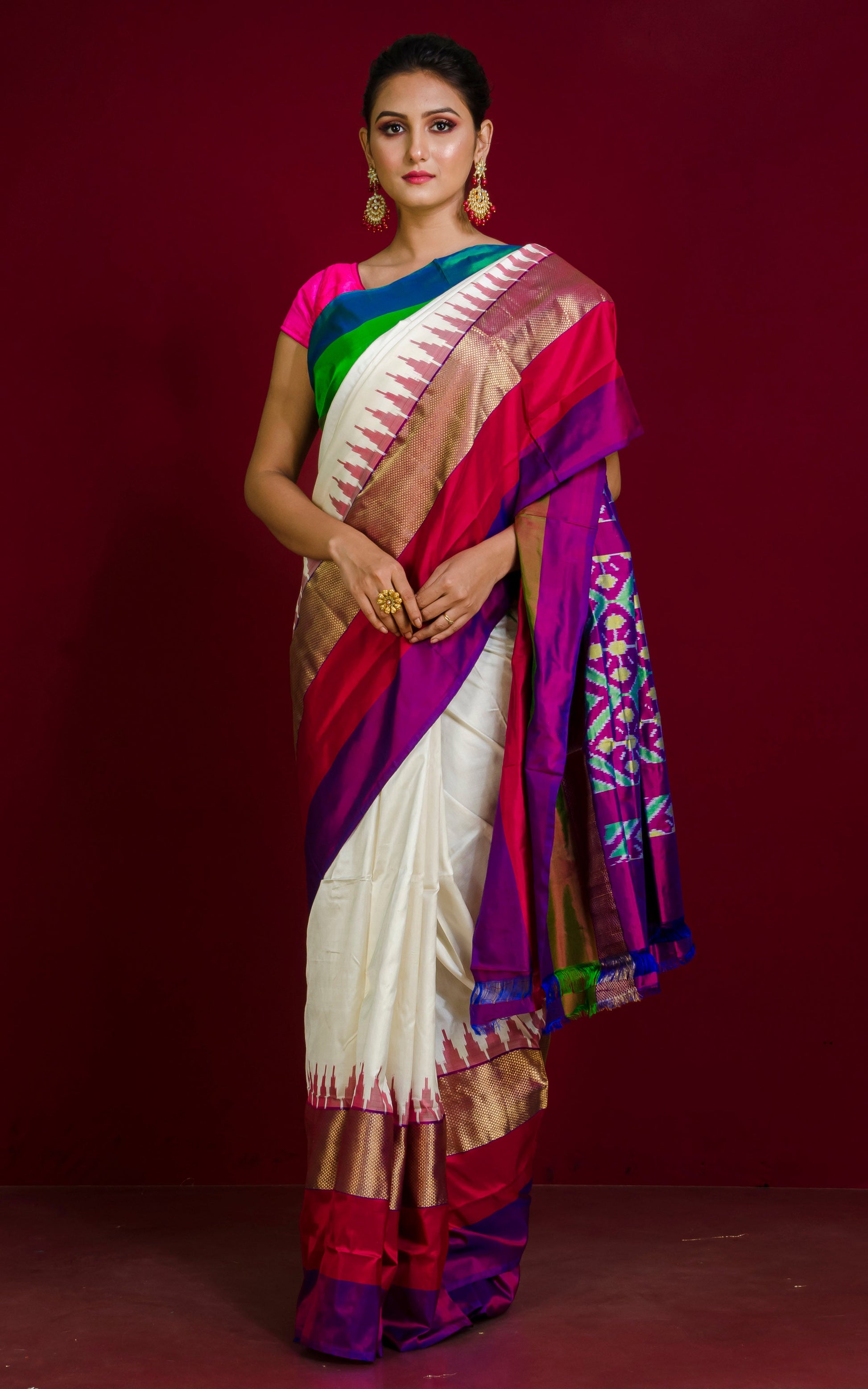 Designer Skirt Border Ikkat Pochampally Silk Saree in Off White and Multicolored