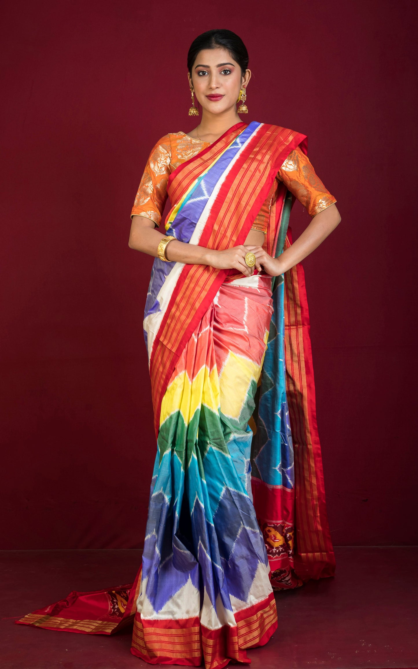 Handwoven Designer Rainbow Ikkat Pochampally Silk Saree in Off White, Red and Multicolored