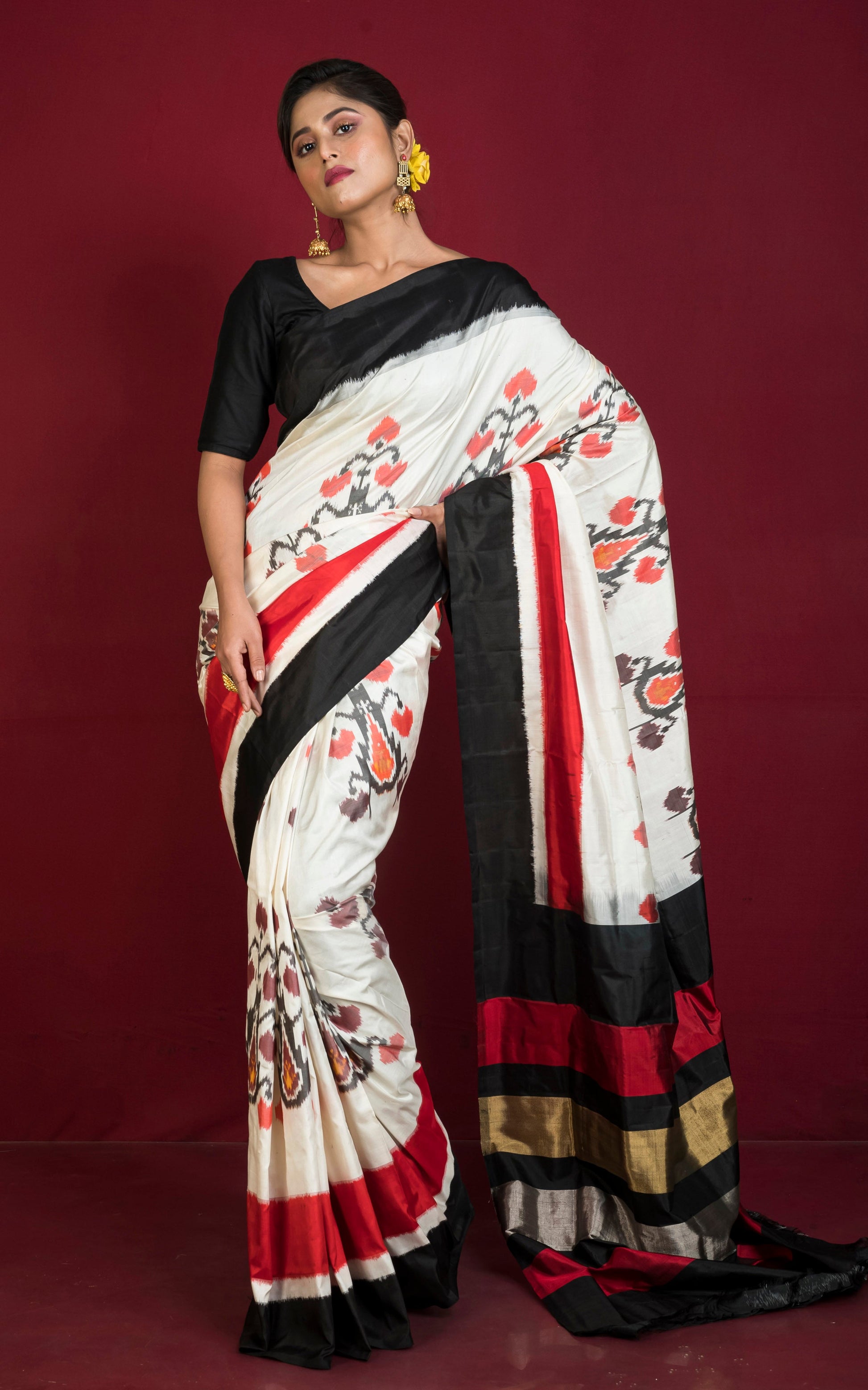 Handwoven Designer Uzbek Ikkat Silk Saree in Off White and Multicolored