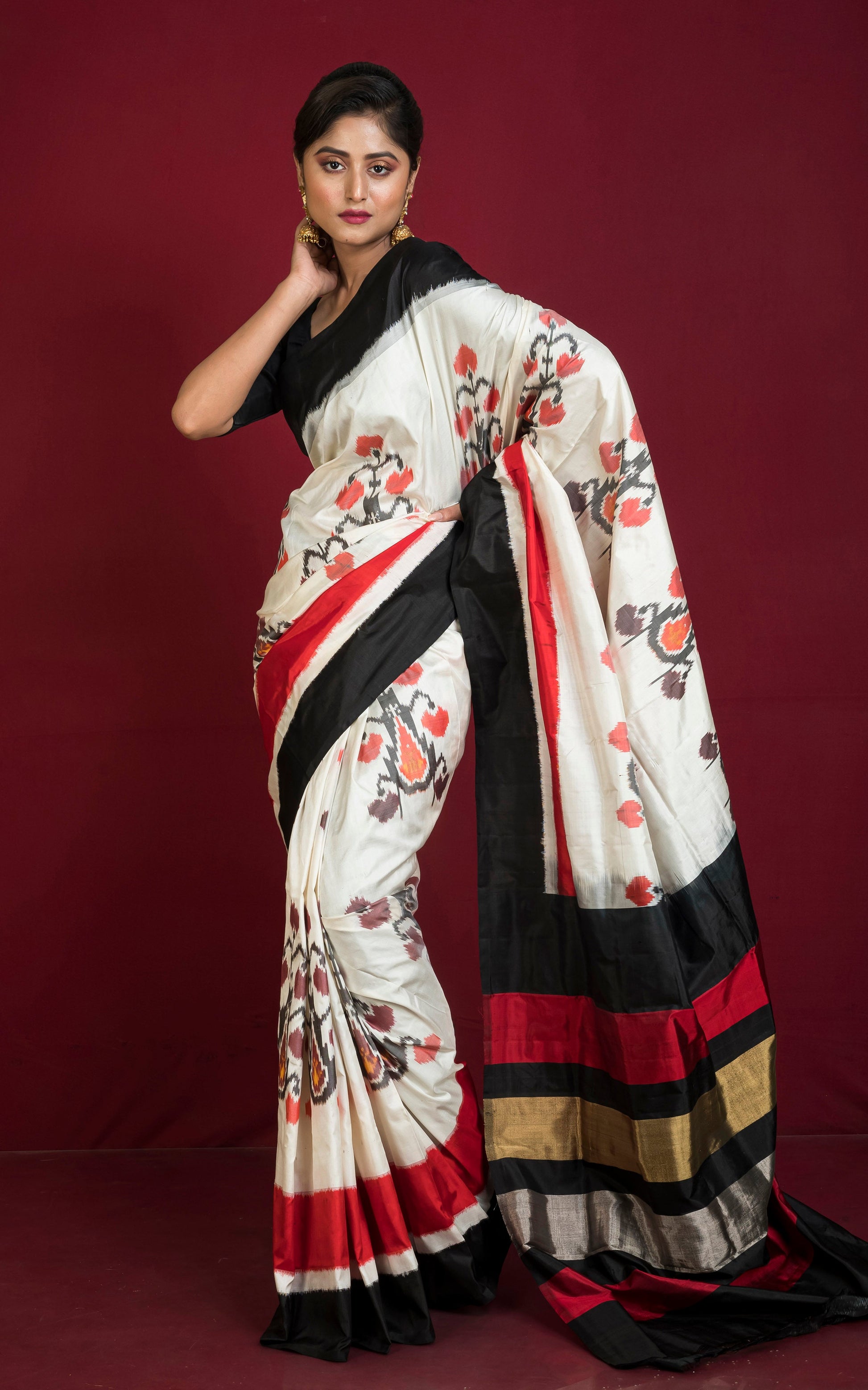 Handwoven Designer Uzbek Ikkat Silk Saree in Off White and Multicolored