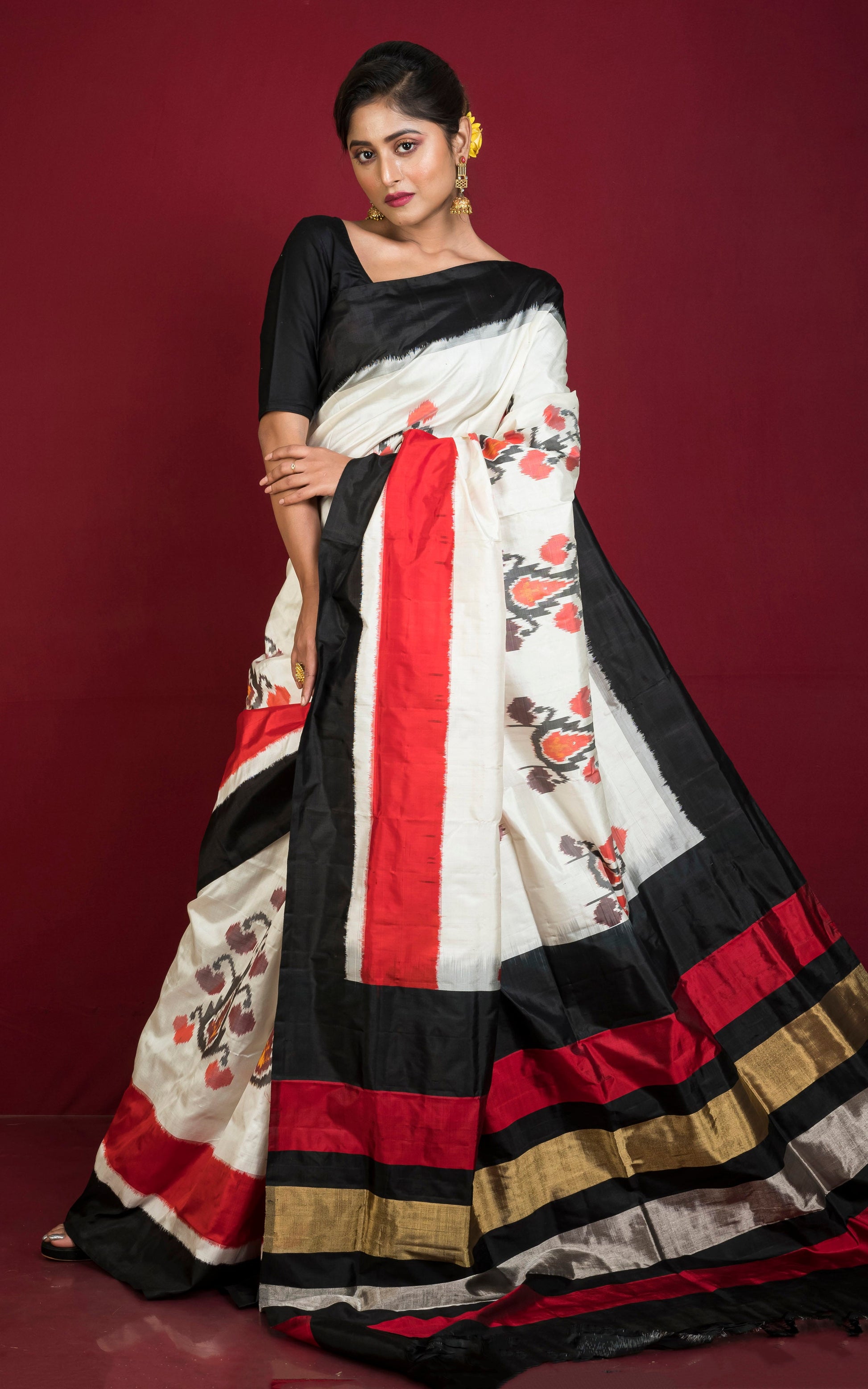 Handwoven Designer Uzbek Ikkat Silk Saree in Off White and Multicolored