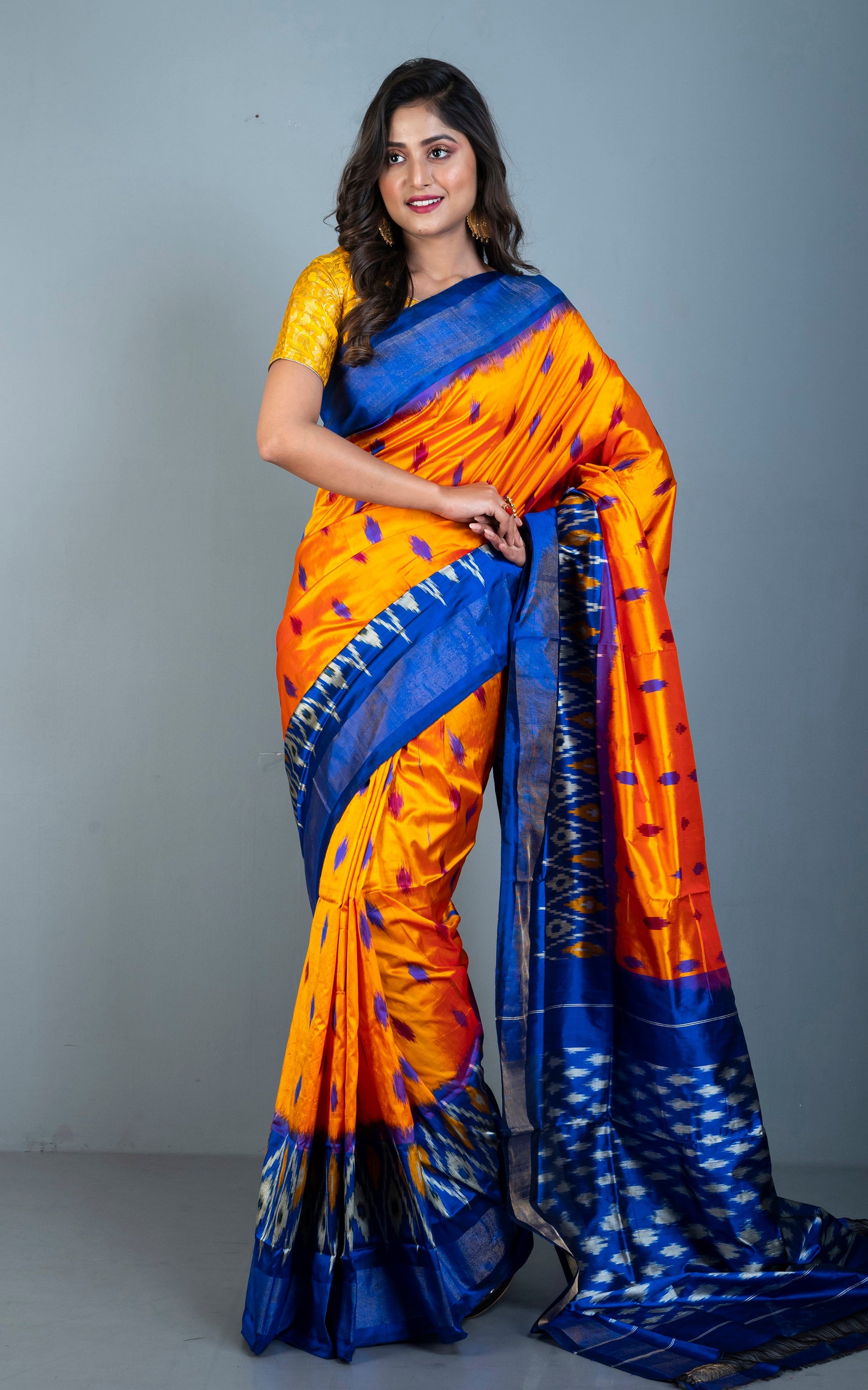 Ikkat Pochampally Silk Saree in Orange, Admiral Blue and Antique White