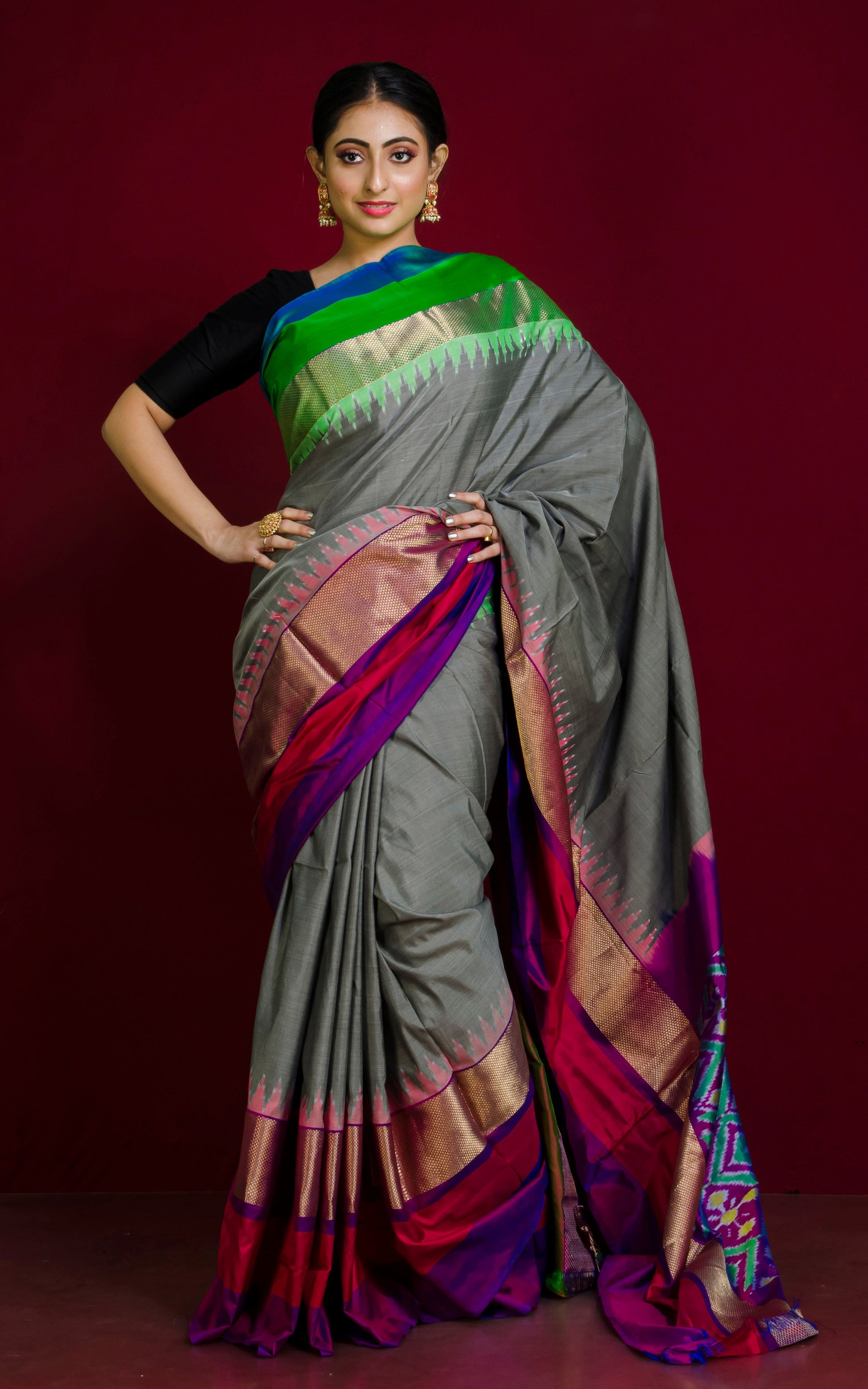 Designer Skirt Border Ikkat Pochampally Silk Saree in Pewter Grey and Multicolored