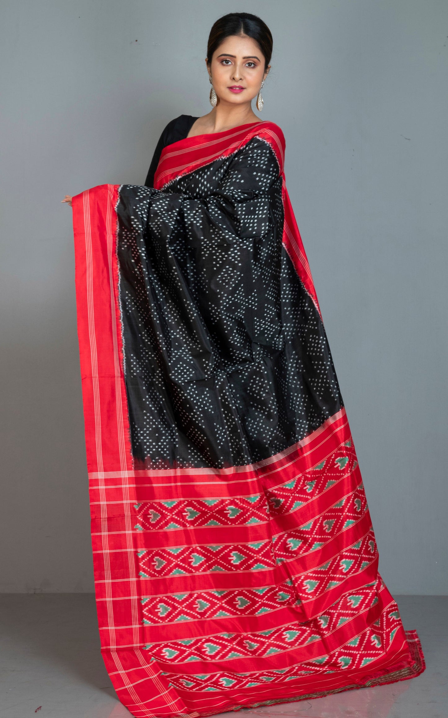 Exclusive Twill Ikkat Pochampally Silk Saree in Black, Red, Off White and English Green