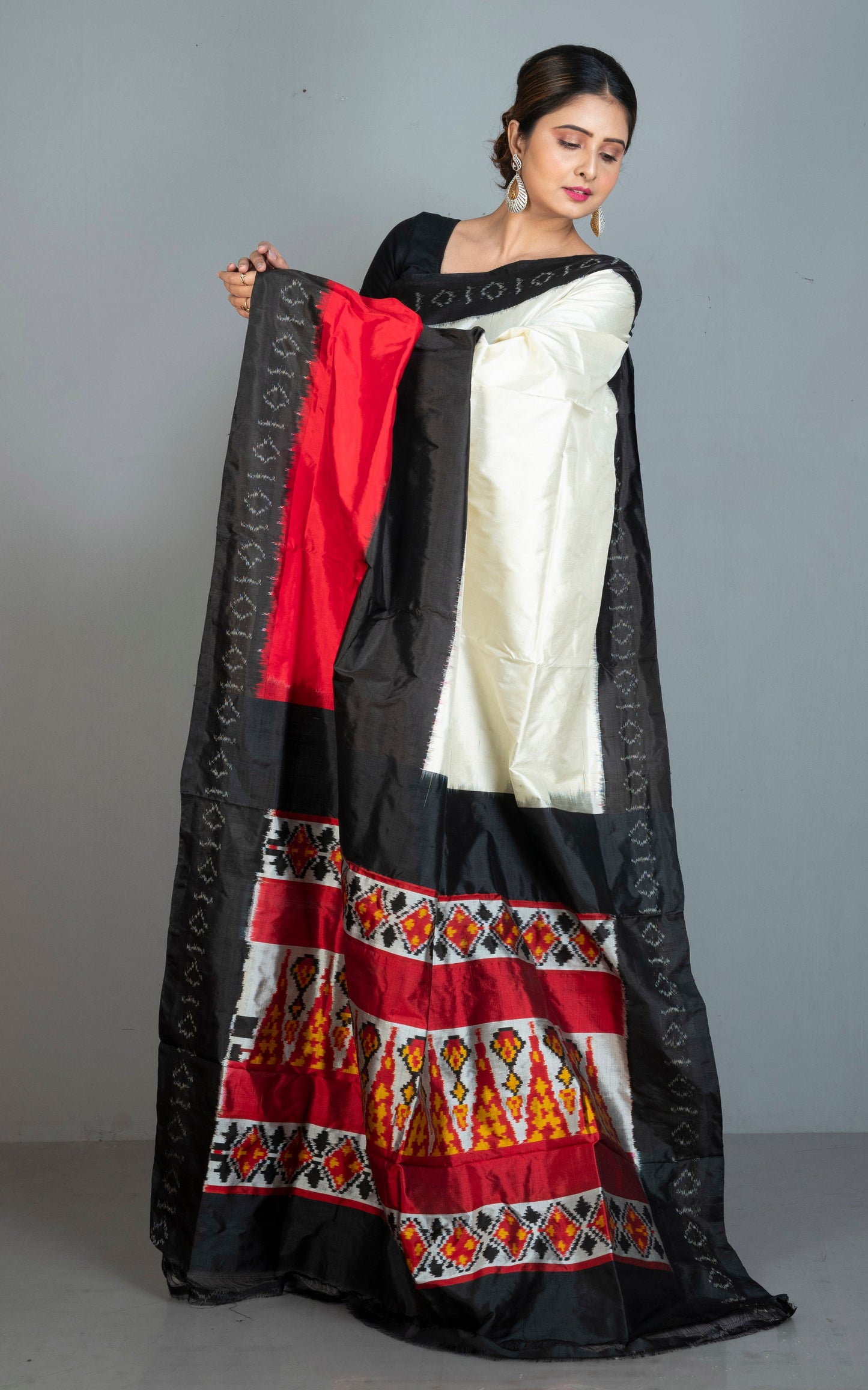 Handwoven Ikkat Pochampally Silk Saree in Off White, Black, Red and Amber