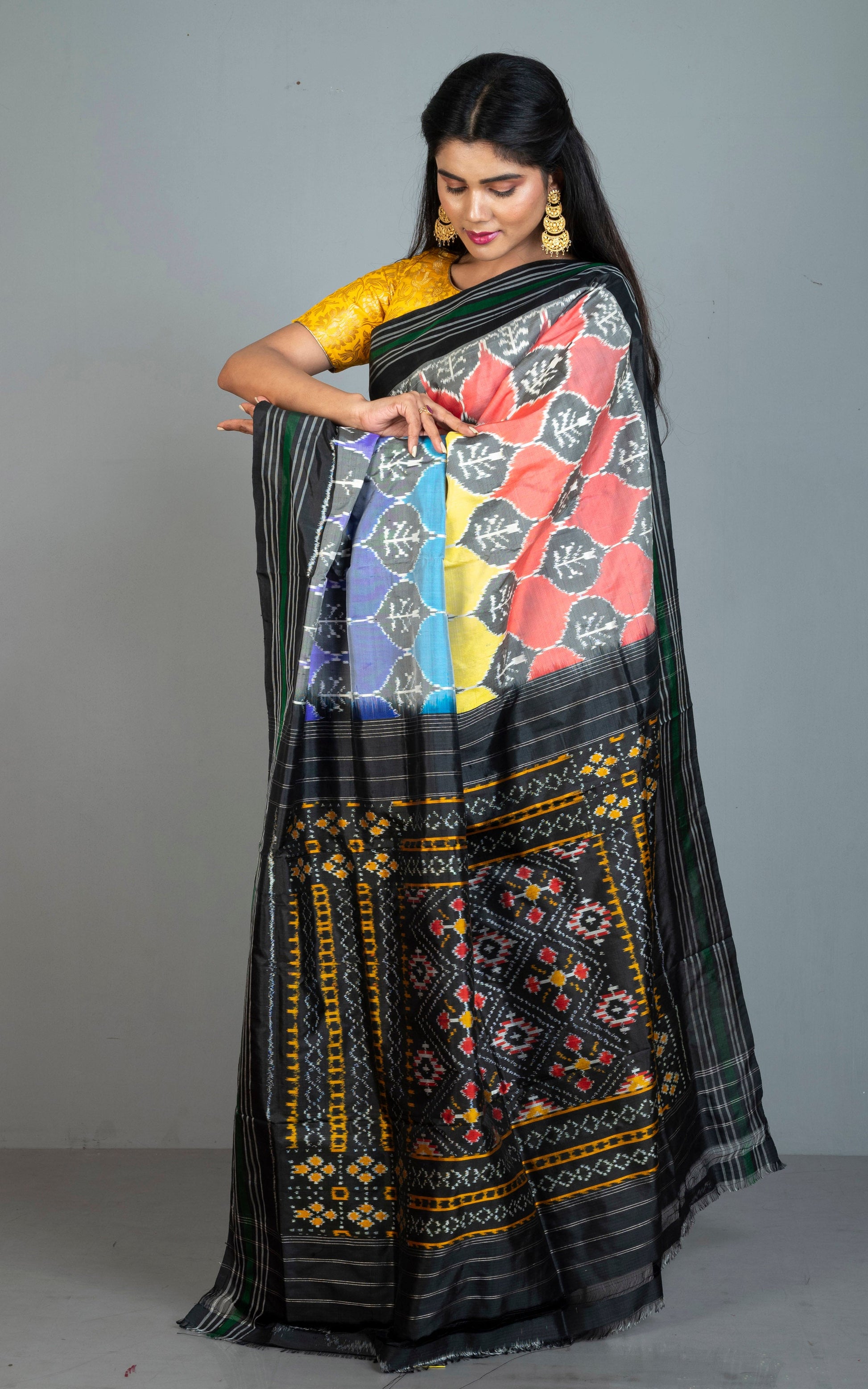 Handwoven Designer Rangkart Ikkat Pochampally Silk Saree in Black, Dark Green and Multicolored