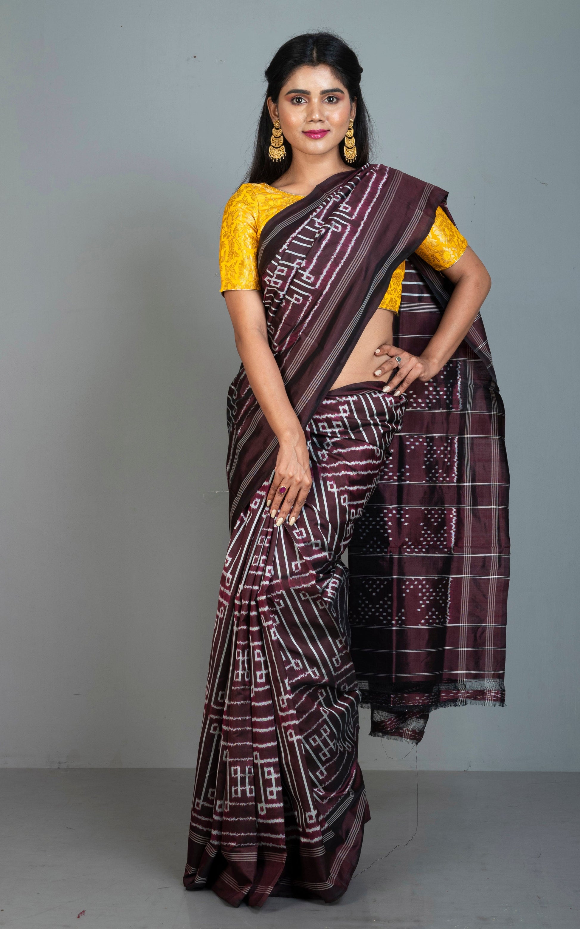 Exclusive Twill Ikkat Pochampally Silk Saree in Dark Mahogany Brown and Off White