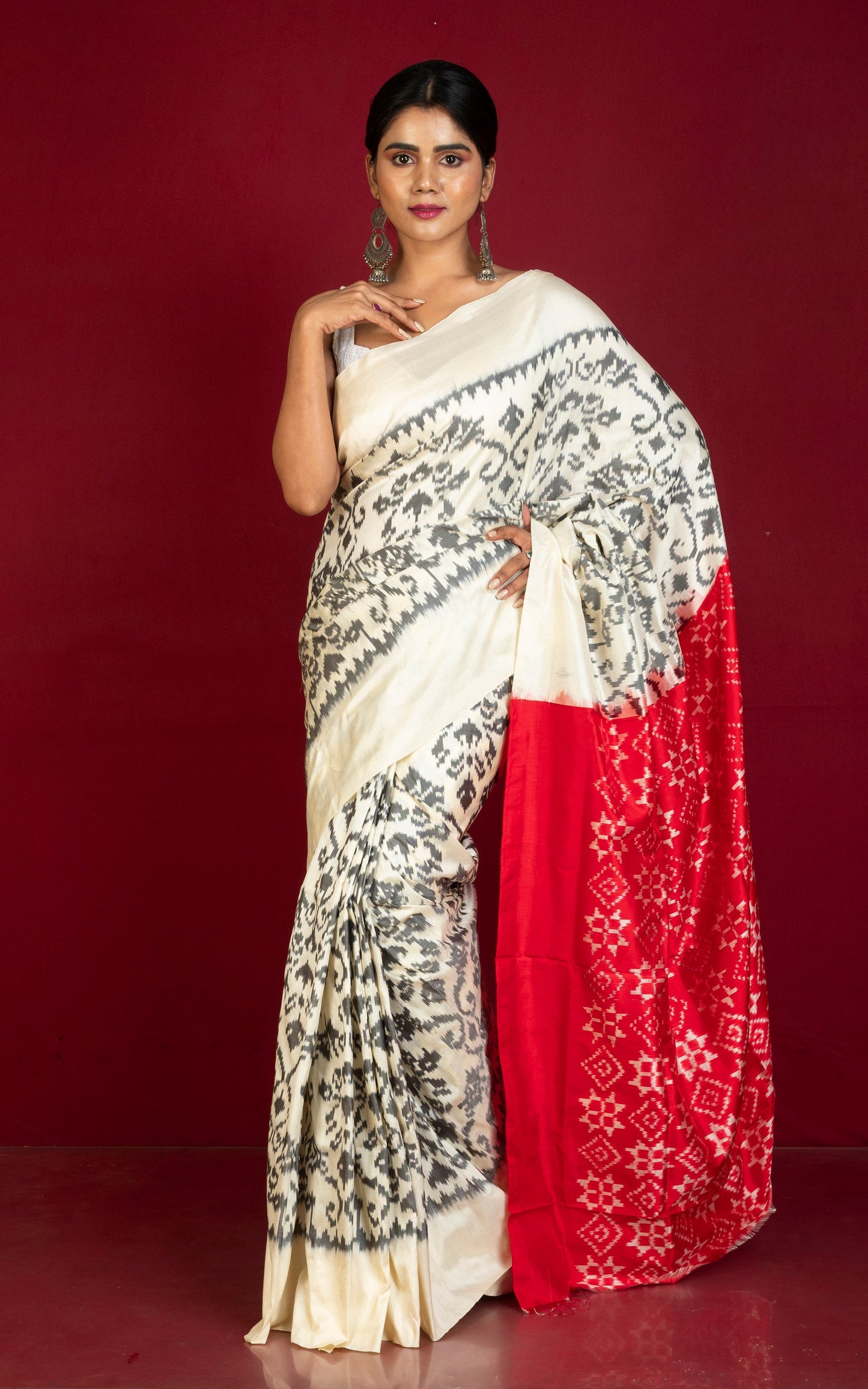 Exclusive Twill Ikkat Pochampally Silk Saree with contrast Pallu and Blouse Piece in Off White, Black and Bright Red