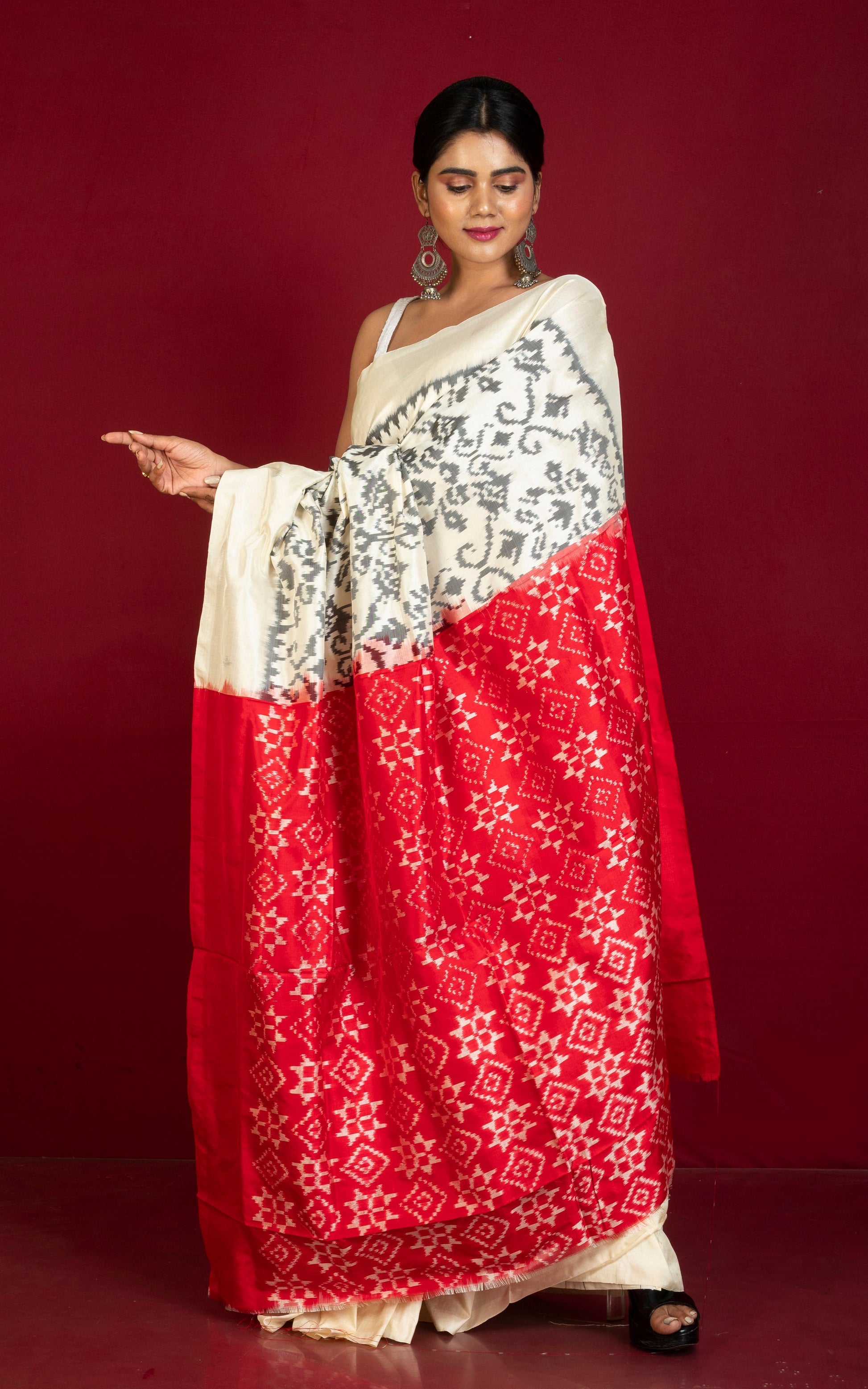 Exclusive Twill Ikkat Pochampally Silk Saree with contrast Pallu and Blouse Piece in Off White, Black and Bright Red