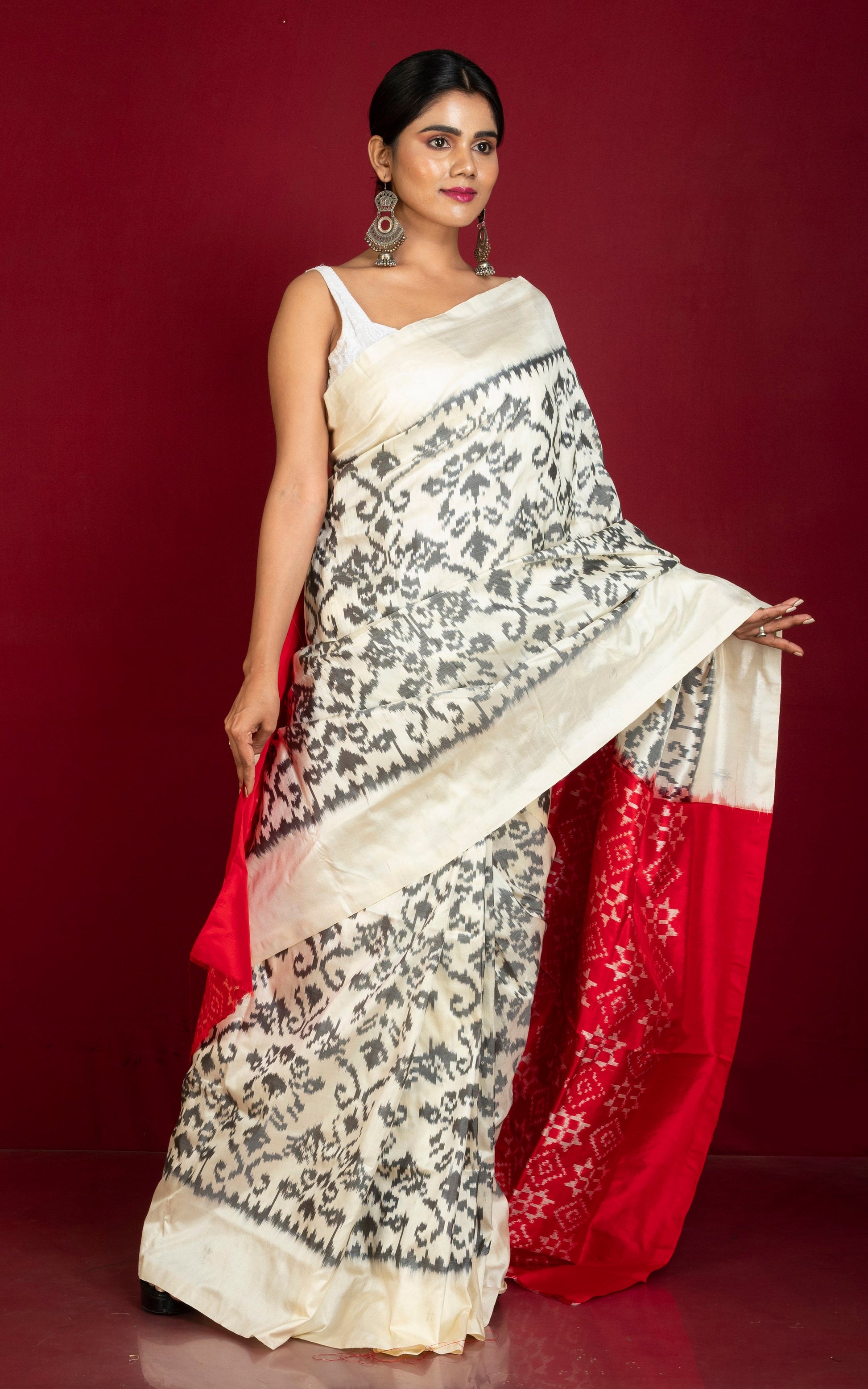 Exclusive Twill Ikkat Pochampally Silk Saree with contrast Pallu and Blouse Piece in Off White, Black and Bright Red