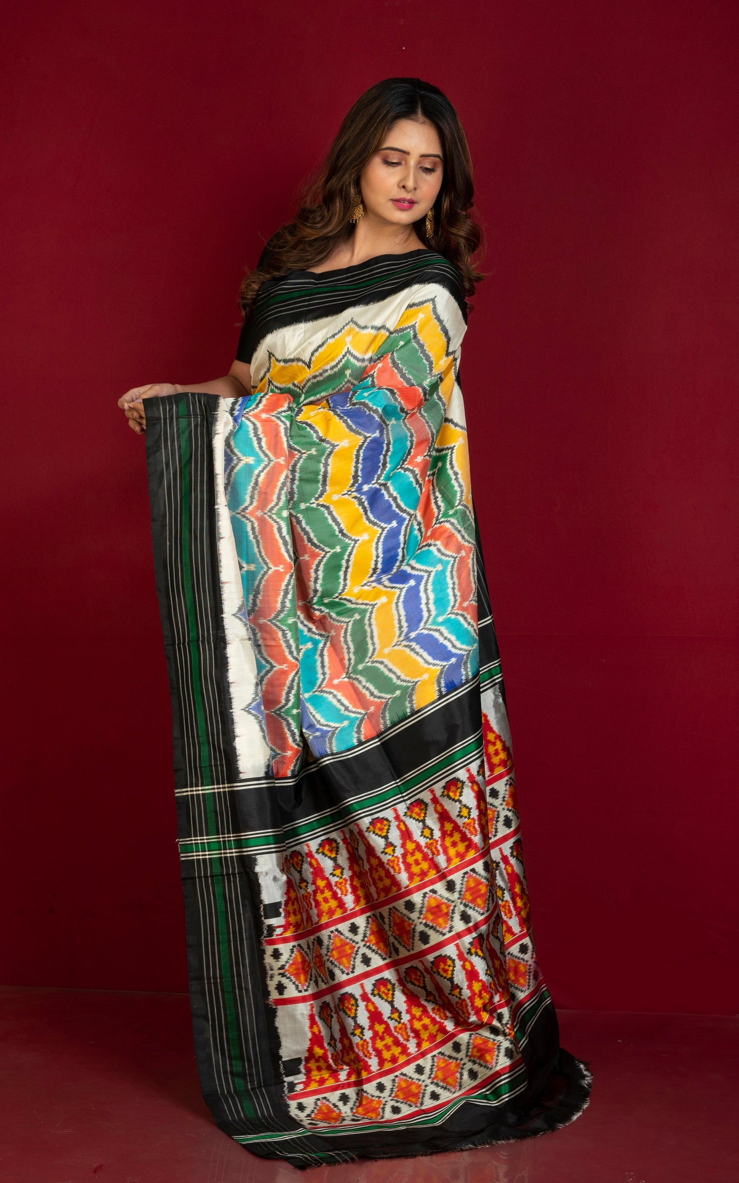 Handwoven Designer Rangkart Ikkat Pochampally Silk Saree in Off White, Black, Dark Green and Multicolored