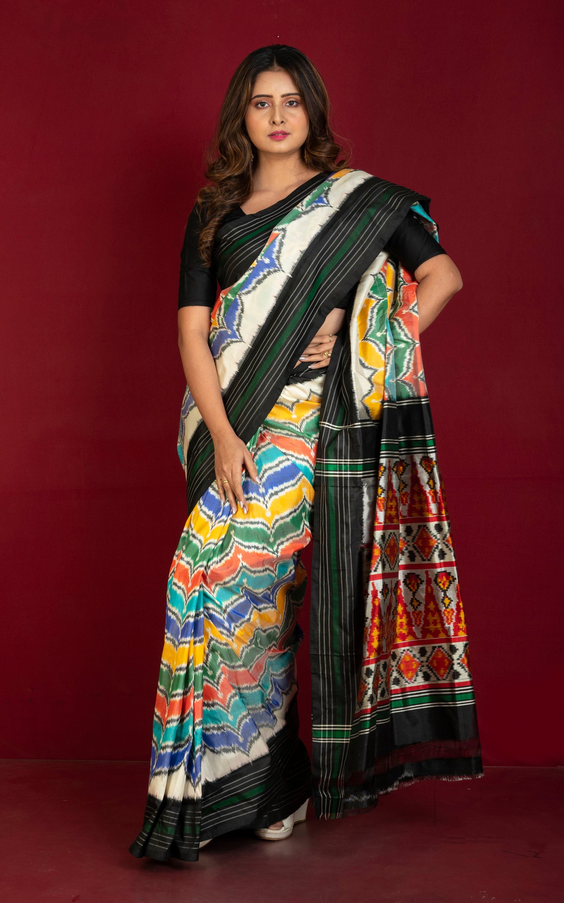 Handwoven Designer Rangkart Ikkat Pochampally Silk Saree in Off White, Black, Dark Green and Multicolored