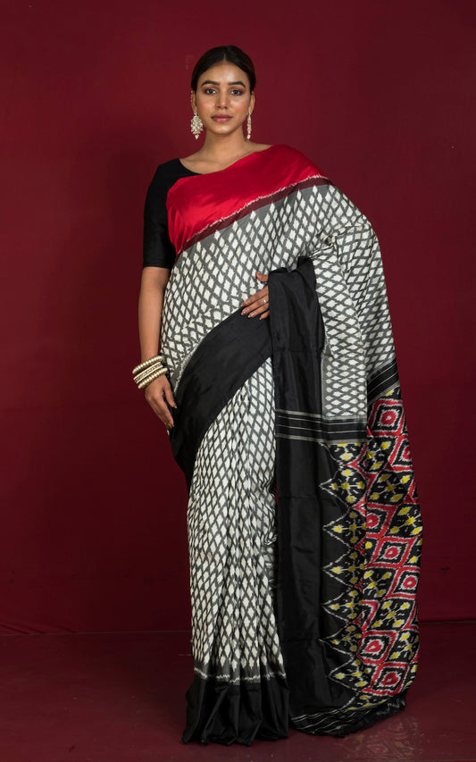 Designer Ganga Jamuna Border Ikkat Pochampally Silk Saree in Off White, Red, Black, Grey and Yellow