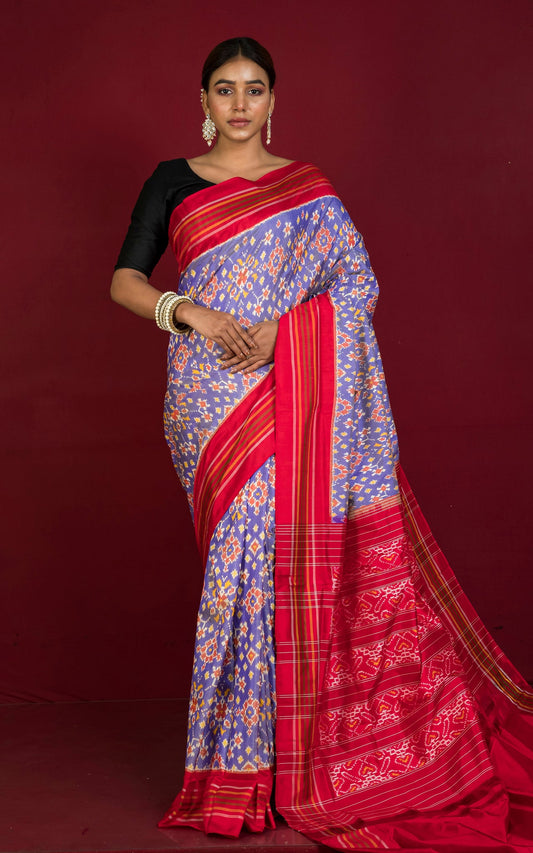 Exclusive Madathasu Ikkat Pochampally Silk Saree in Purplish Blue, Red, Amber Yellow, Off White and Black