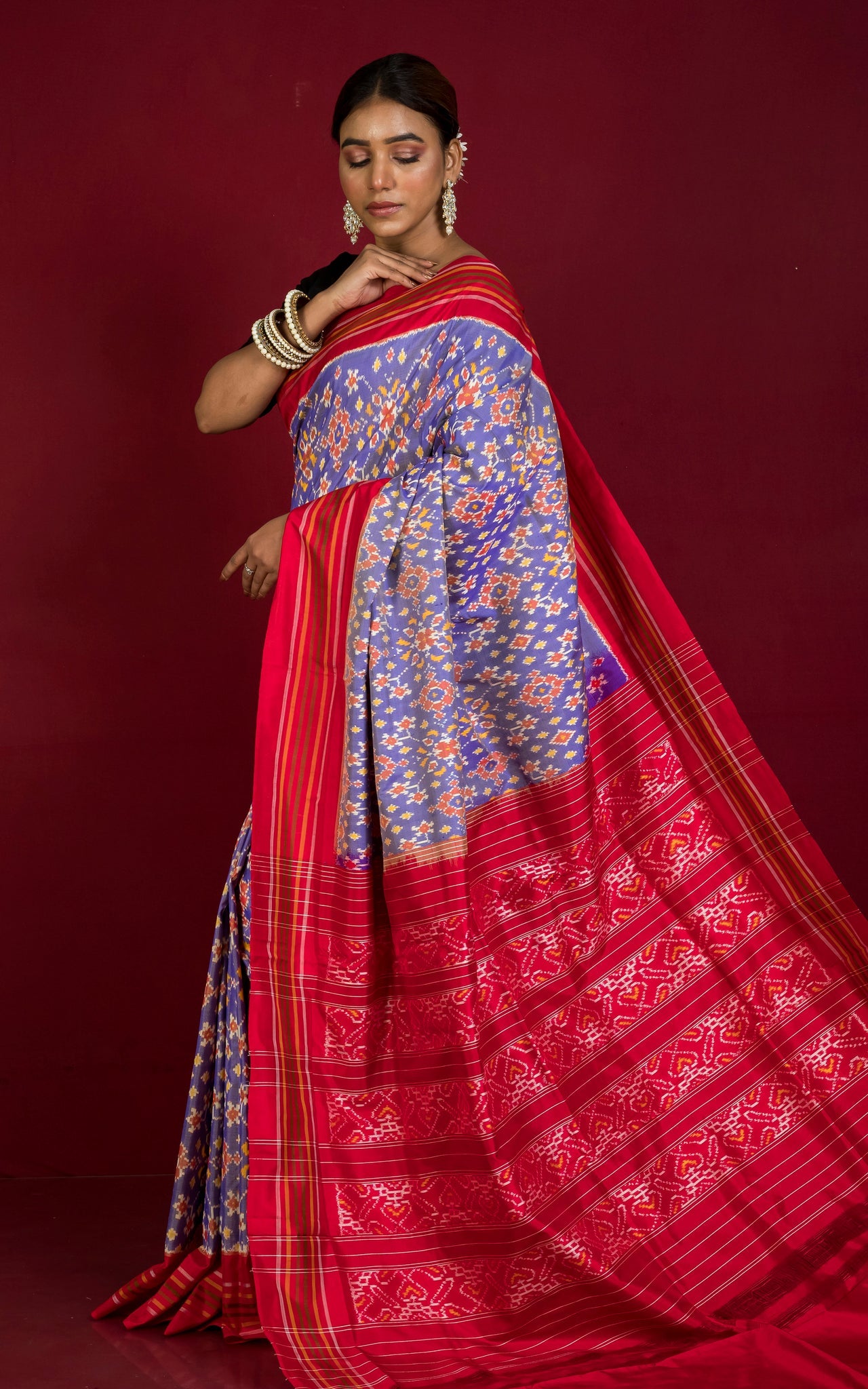 Exclusive Madathasu Ikkat Pochampally Silk Saree in Purplish Blue, Red, Amber Yellow, Off White and Black