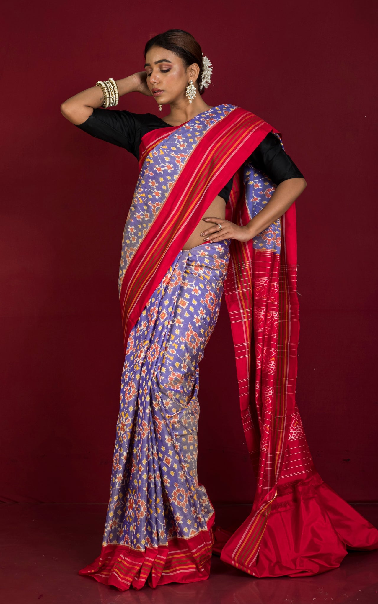 Exclusive Madathasu Ikkat Pochampally Silk Saree in Purplish Blue, Red, Amber Yellow, Off White and Black