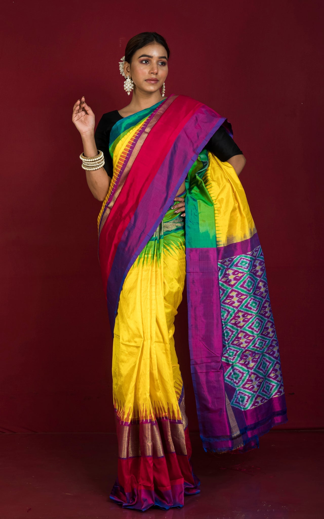 Designer Skirt Border Ikkat Pochampally Silk Saree in Bright Yellow and Multicolored