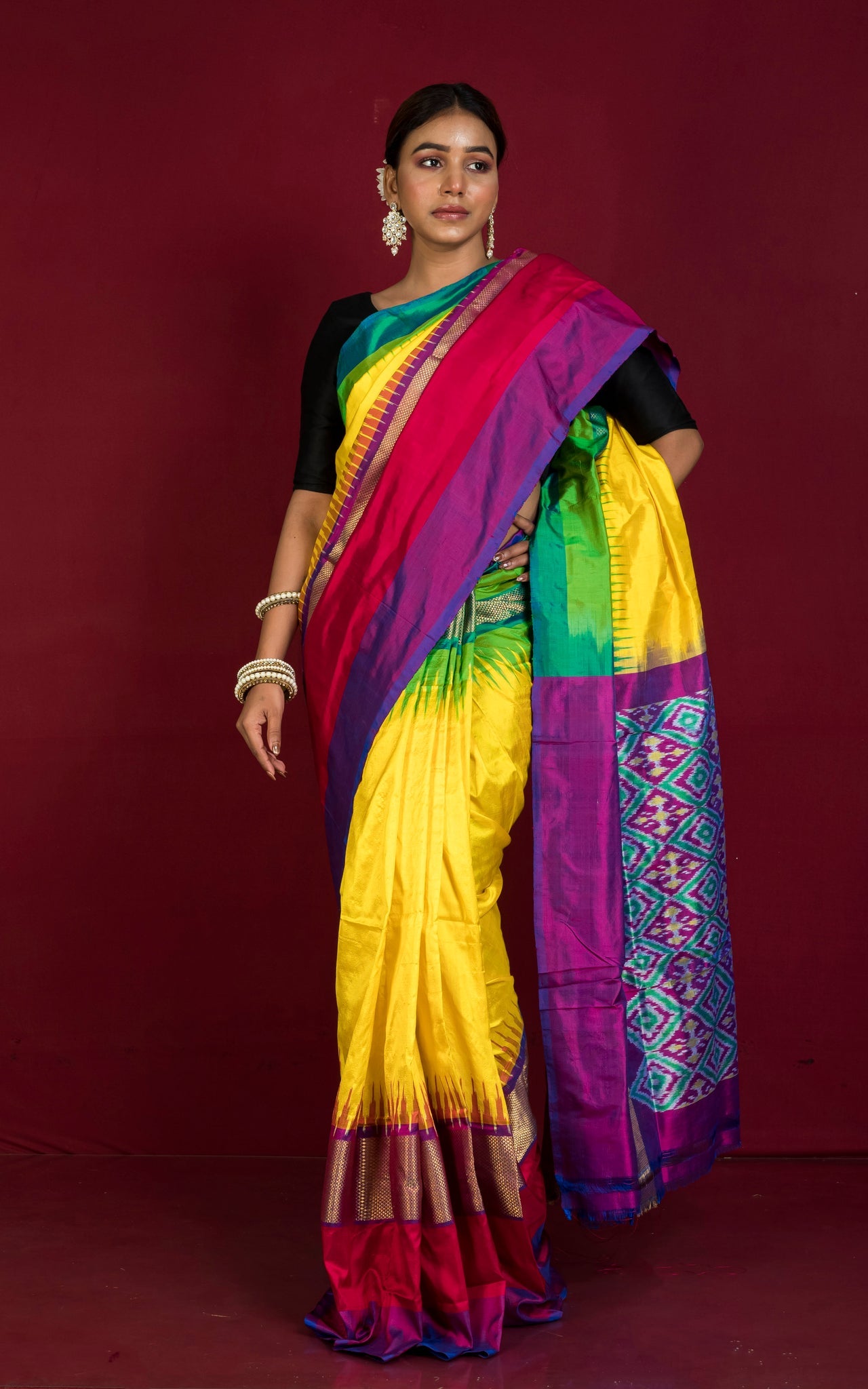 Designer Skirt Border Ikkat Pochampally Silk Saree in Bright Yellow and Multicolored