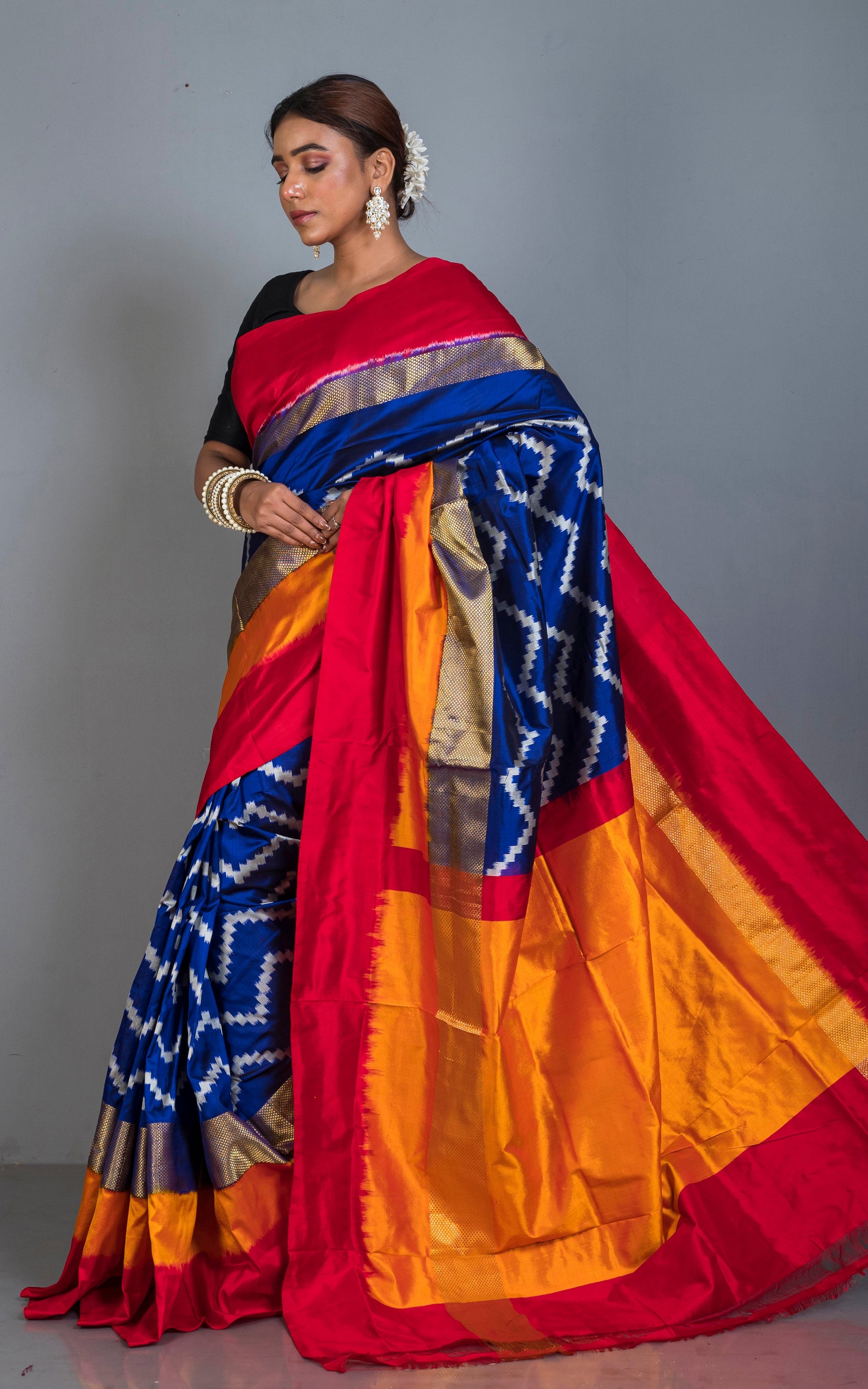 Designer Skirt Border Ikkat Pochampally Silk Saree in Admiral Blue, Off White,Red, Fire Orange and Antique Gold