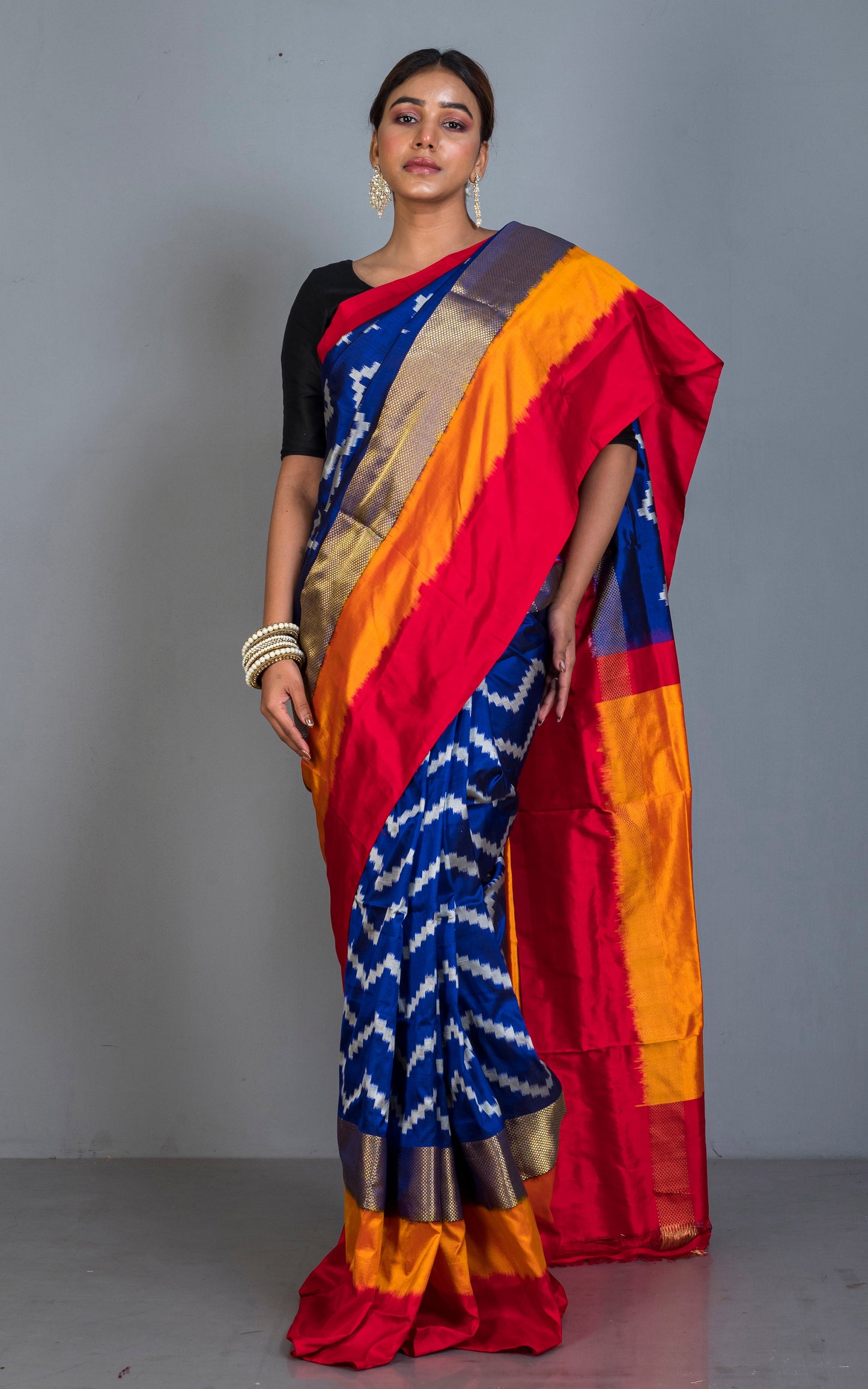 Designer Skirt Border Ikkat Pochampally Silk Saree in Admiral Blue, Off White,Red, Fire Orange and Antique Gold