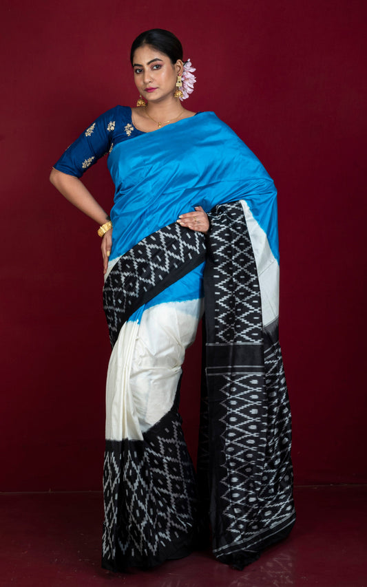 Handwoven Designer Skirt Border Ikkat Pochampally Pure Silk Saree in Off White, Blue and Black