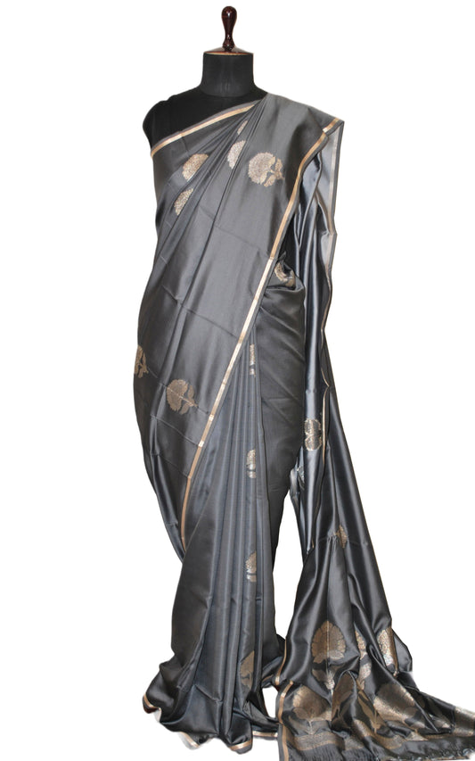 Blended Poth Katan Soft Silk Saree in Spanish Gray and Antique Silver Zari Work