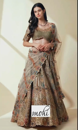 Dark Beige Designer Heavy Embroidered Net Wedding Lehenga