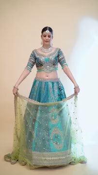 Turquoise Blue Color Art Silk Hand Work Bridal Lehenga