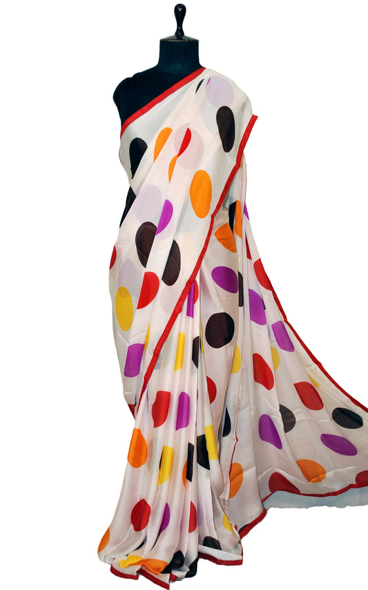 Printed Soft Crepe Silk Saree in White, Red and Multicolored Polka Prints