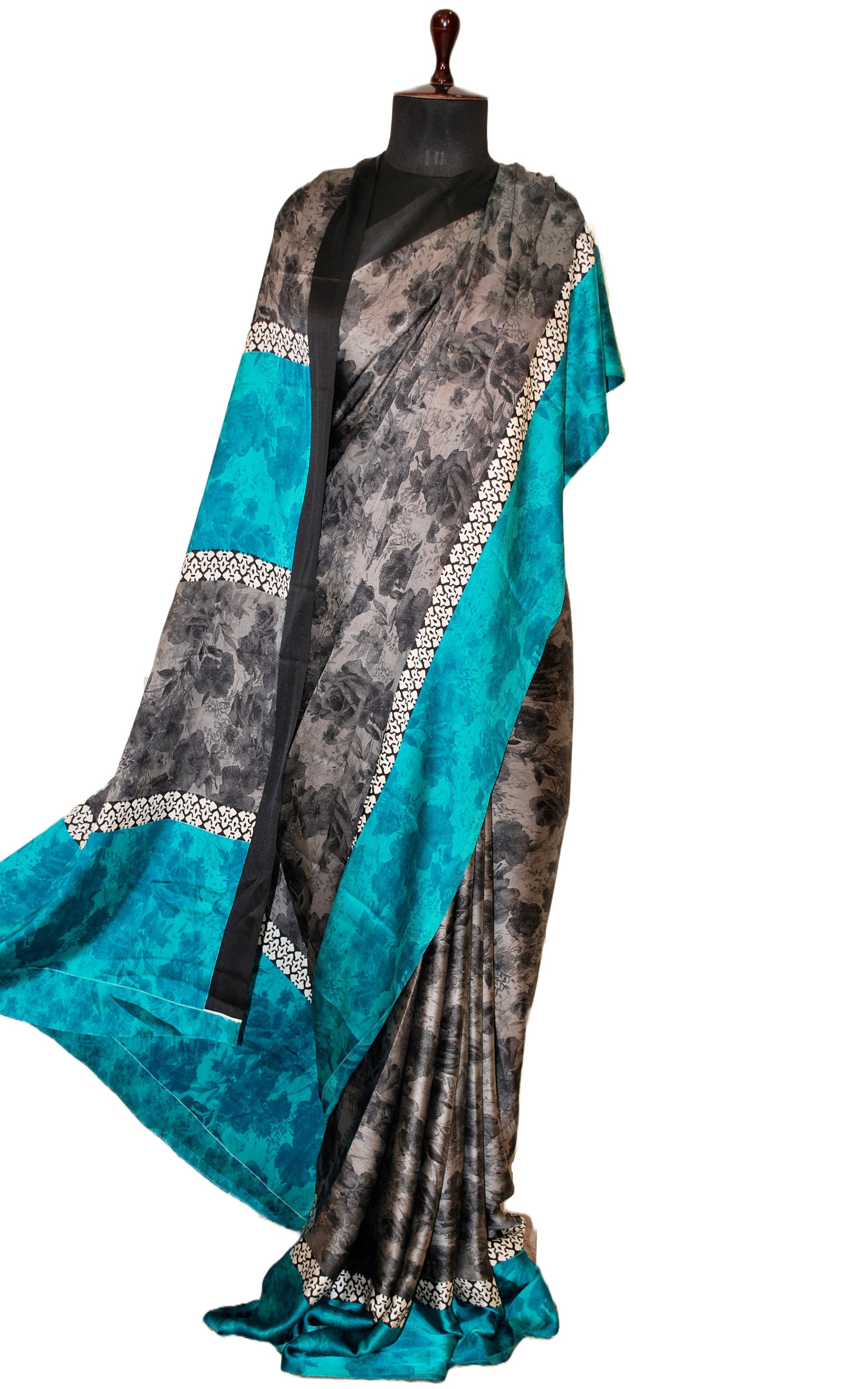 Printed Soft Crepe Silk Saree in Beige, Black and Teal