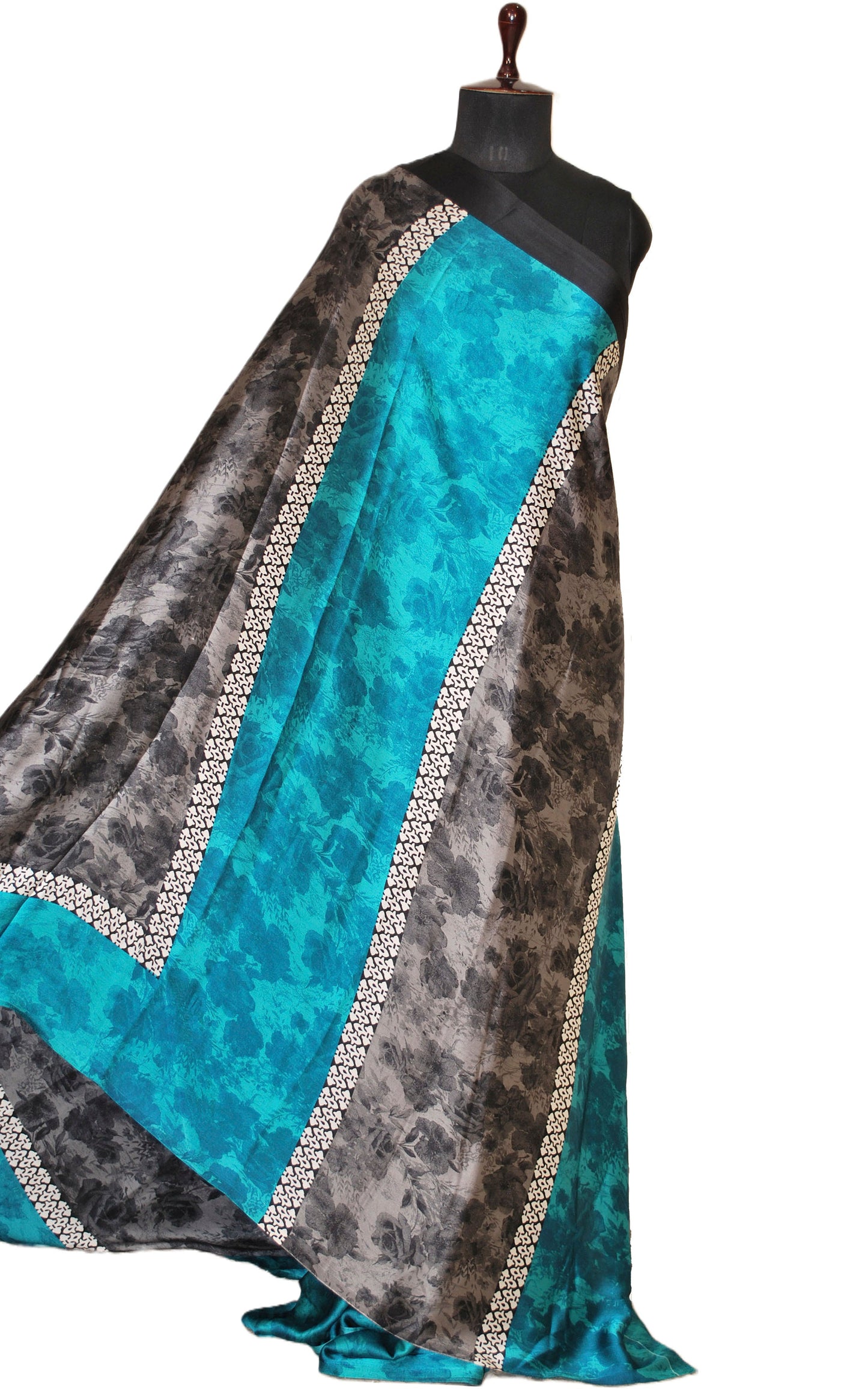 Printed Soft Crepe Silk Saree in Beige, Black and Teal