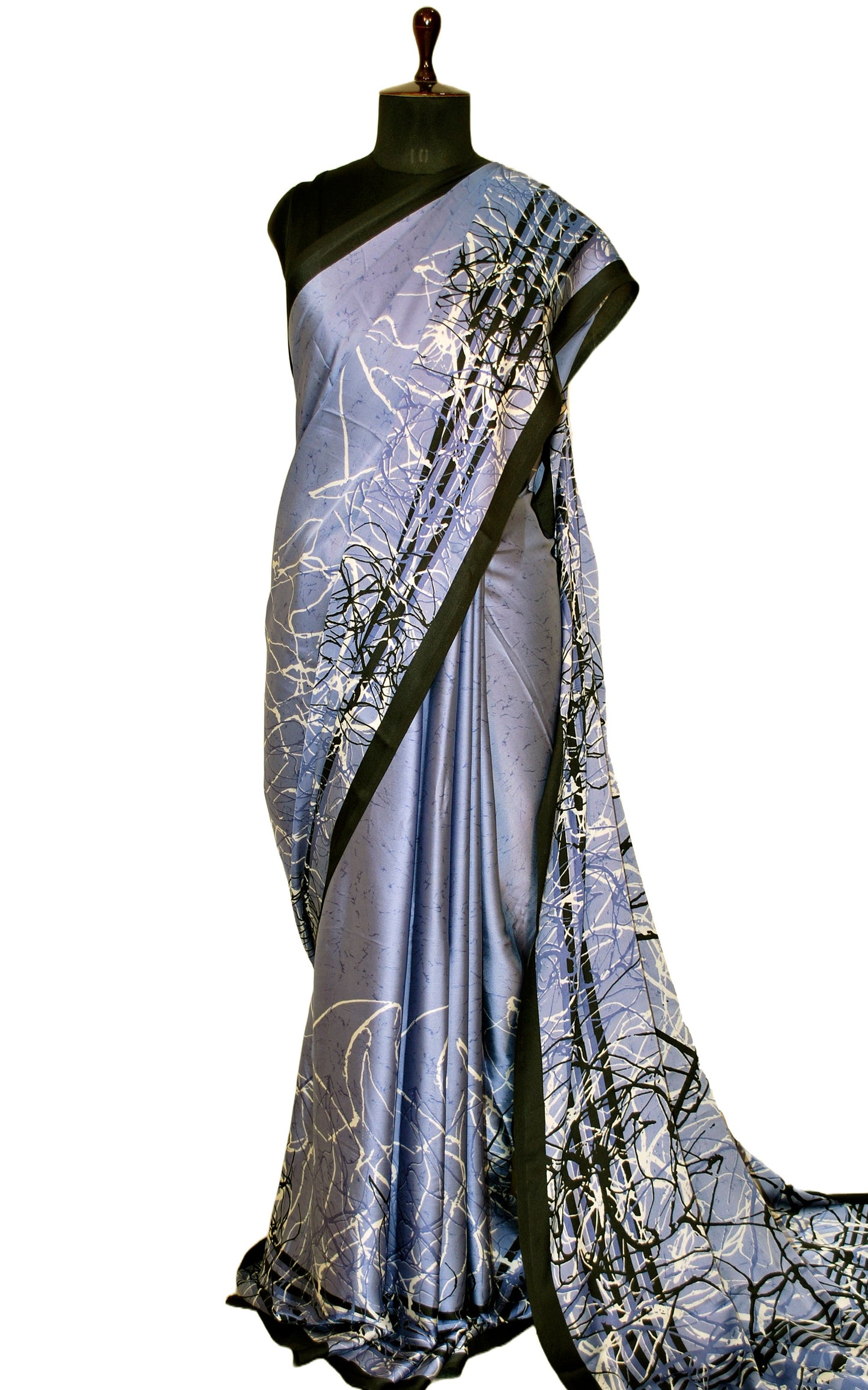 Printed Soft Crepe Silk Saree in Cool Grey, Off White and Black