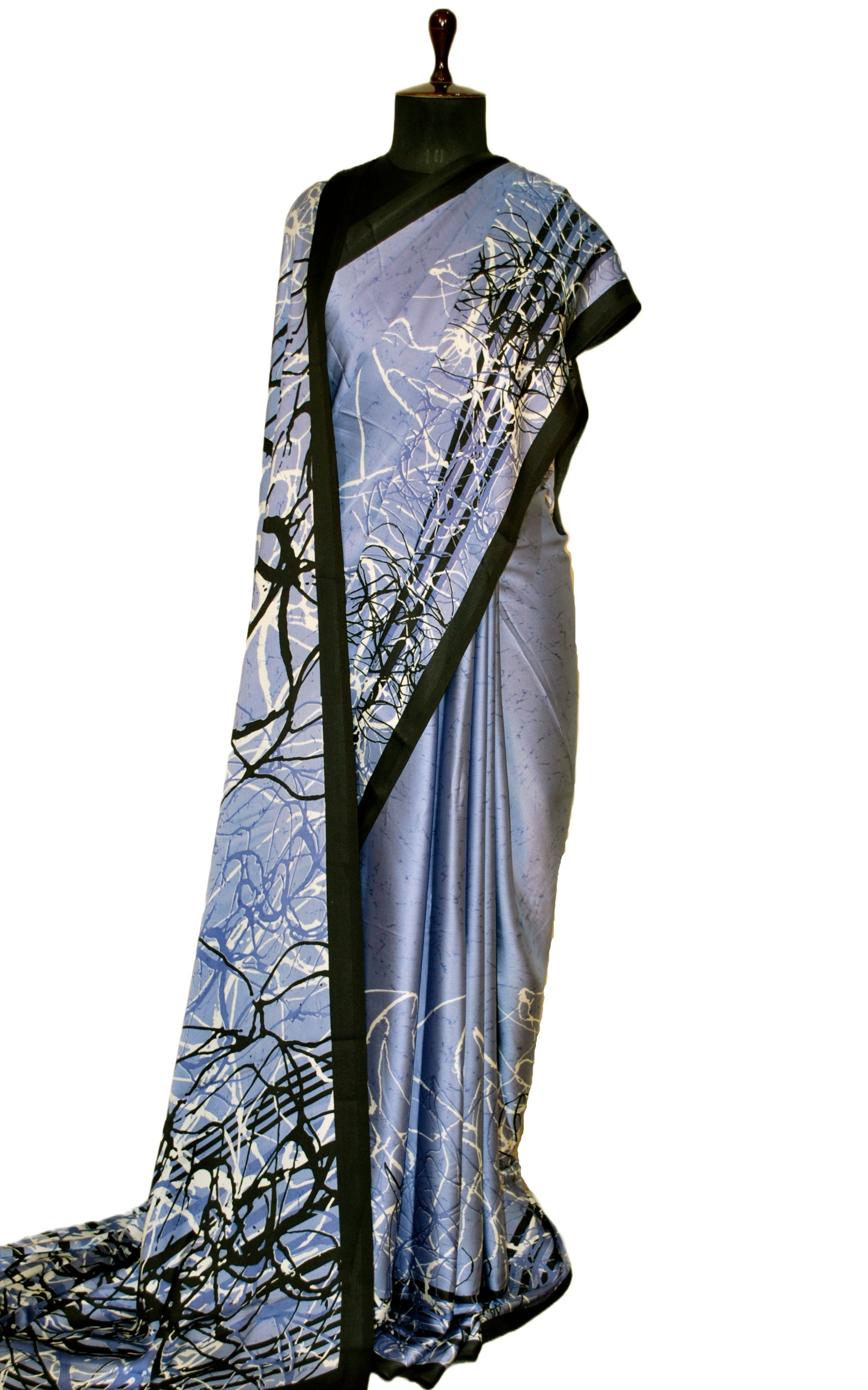 Printed Soft Crepe Silk Saree in Cool Grey, Off White and Black