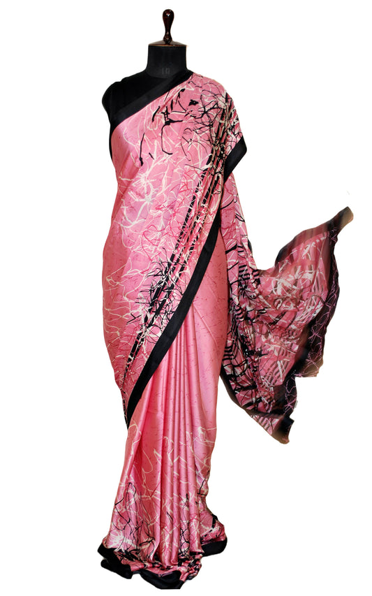 Printed Soft Crepe Silk Saree in Salmon Pink, Off White and Black