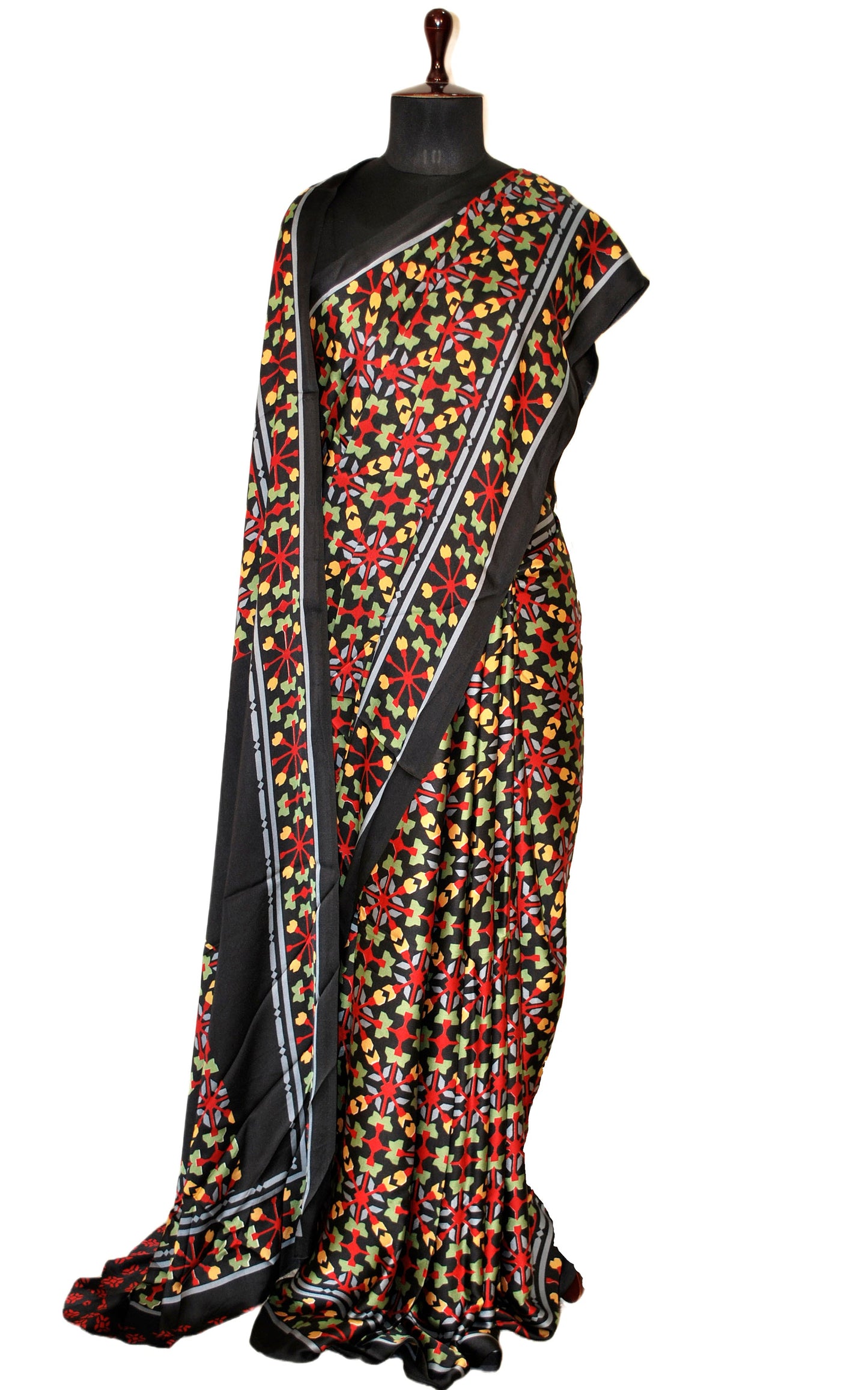 Printed Soft Crepe Silk Saree in Black and Multicolored