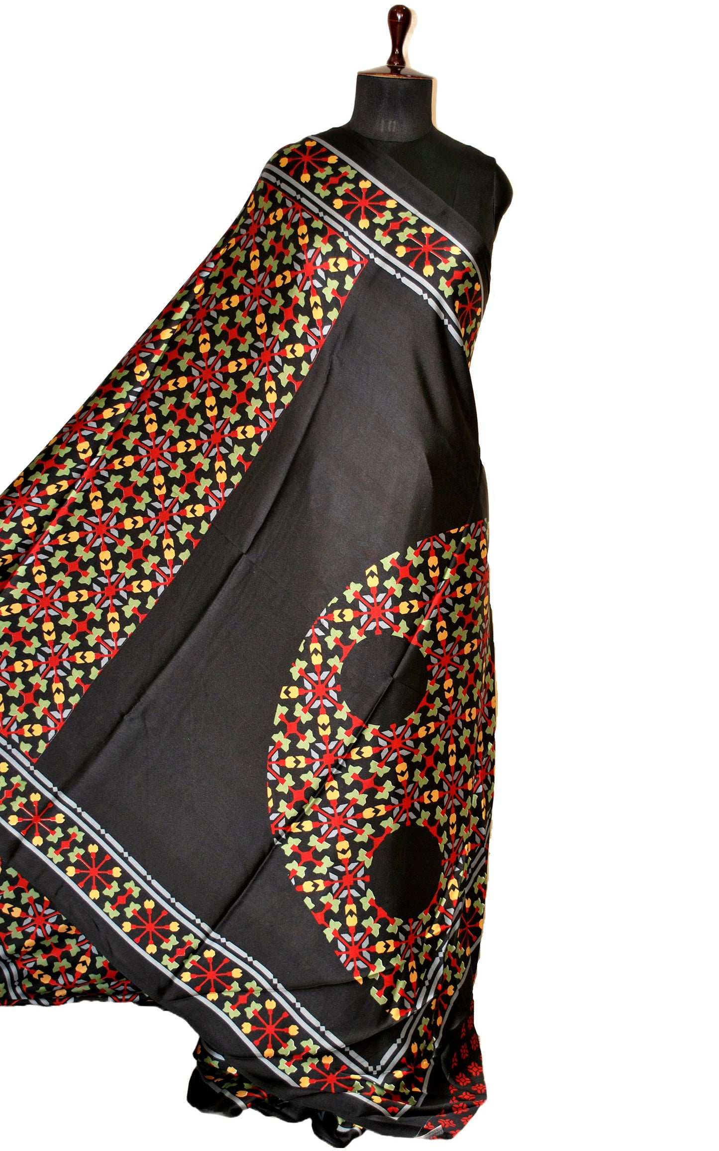 Printed Soft Crepe Silk Saree in Black and Multicolored