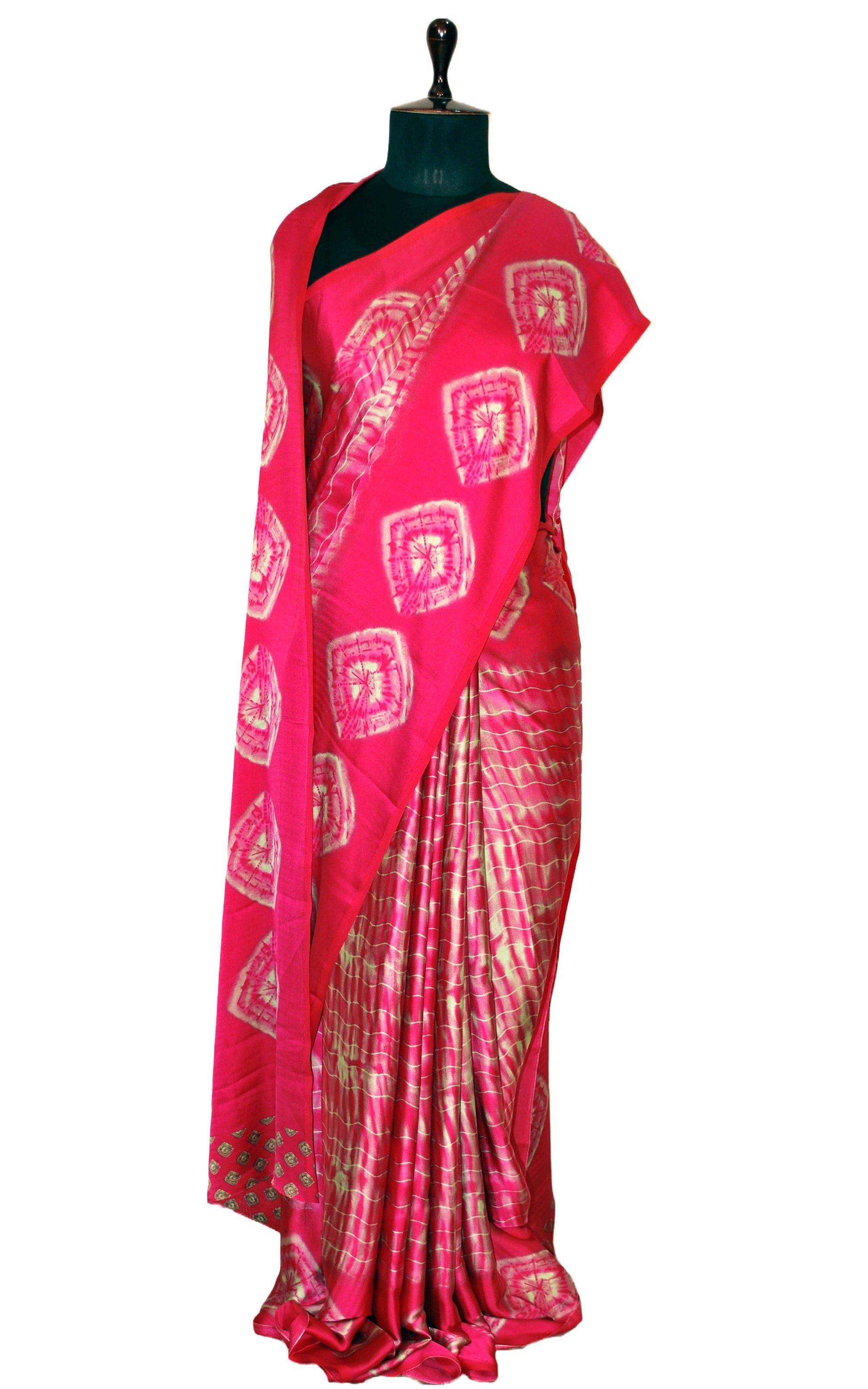 Printed Soft Crepe Silk Saree in Rose Pink and Tea Green