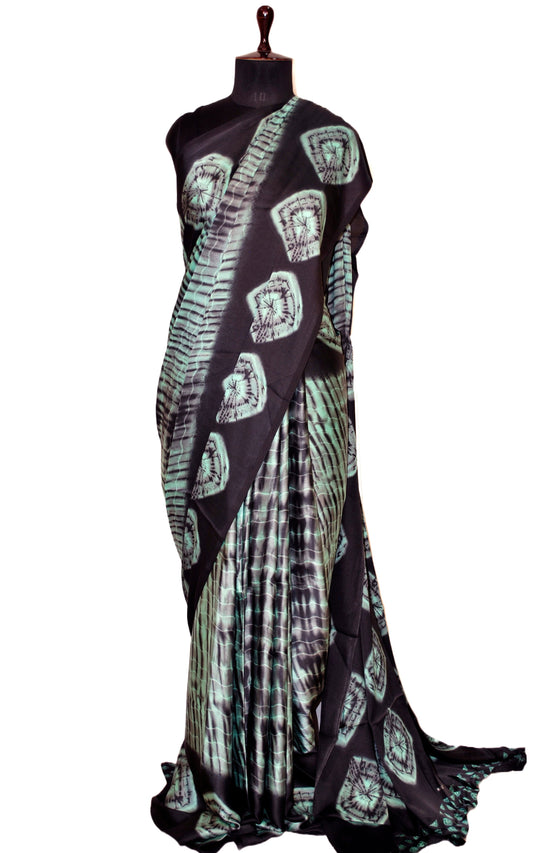 Printed Soft Crepe Silk Saree in Mint Green and Black