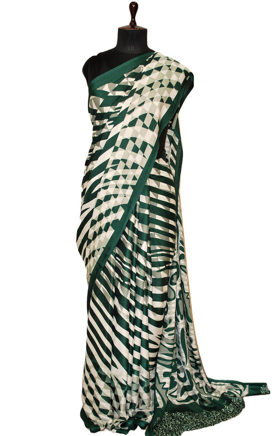 Printed Soft Crepe Silk Saree in Pale White, Dark Green and Russian Green