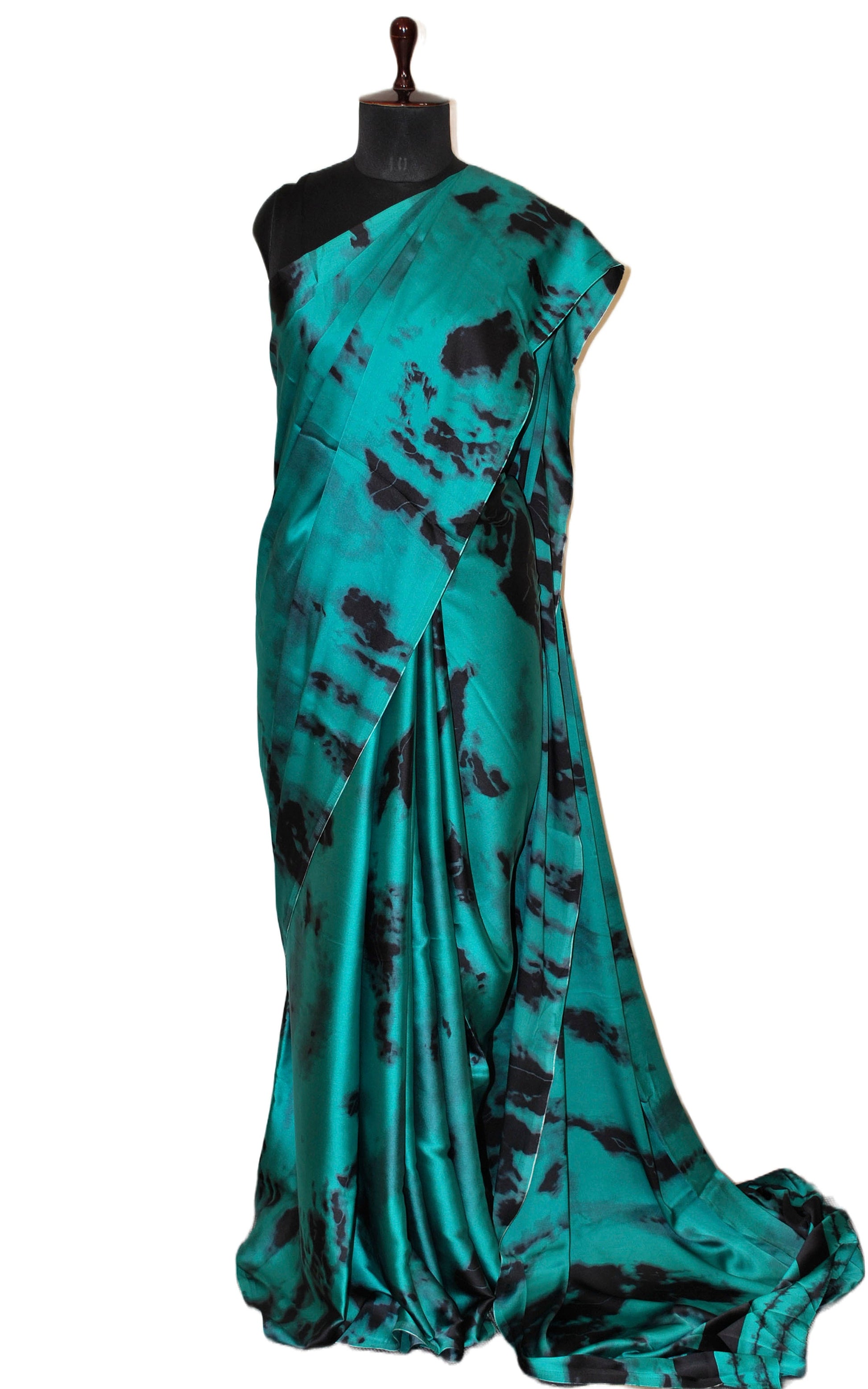 Printed Soft Crepe Silk Saree in Sensual Jade Green and Black in Abstract Prints