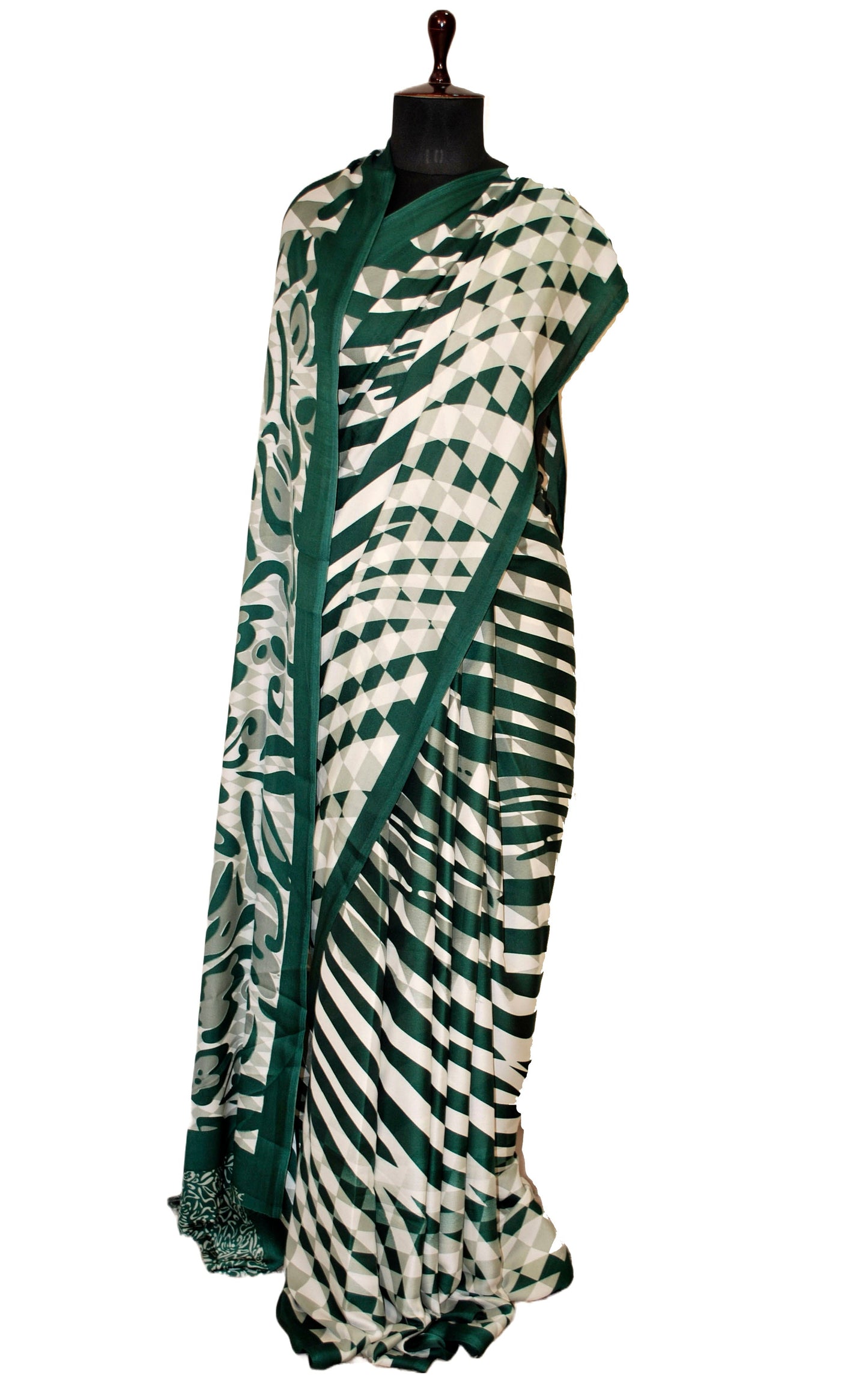 Printed Soft Crepe Silk Saree in Pale White, Dark Green and Russian Green