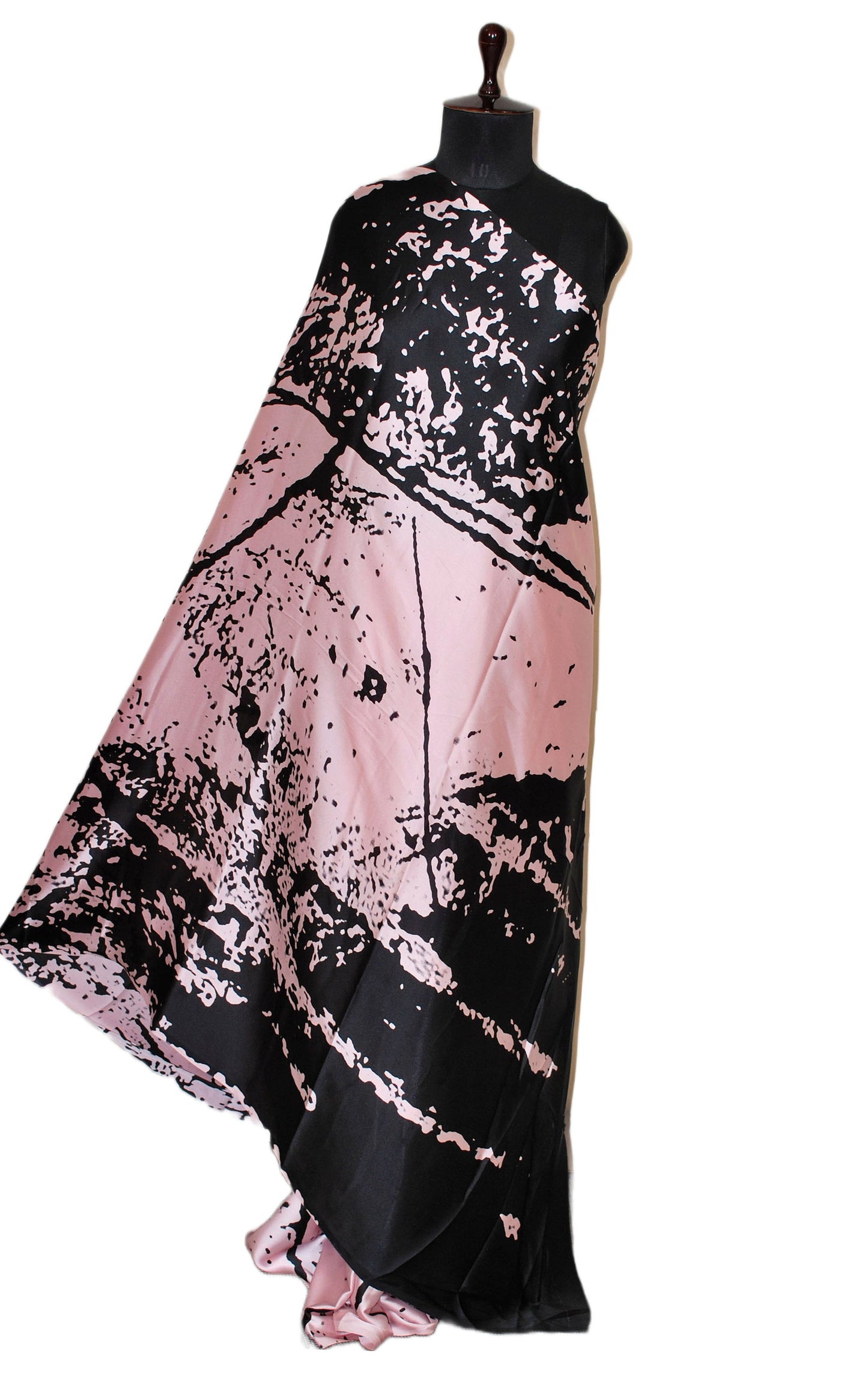 Printed Soft Crepe Silk Saree in Pastel Pink and Black in Abstract Prints